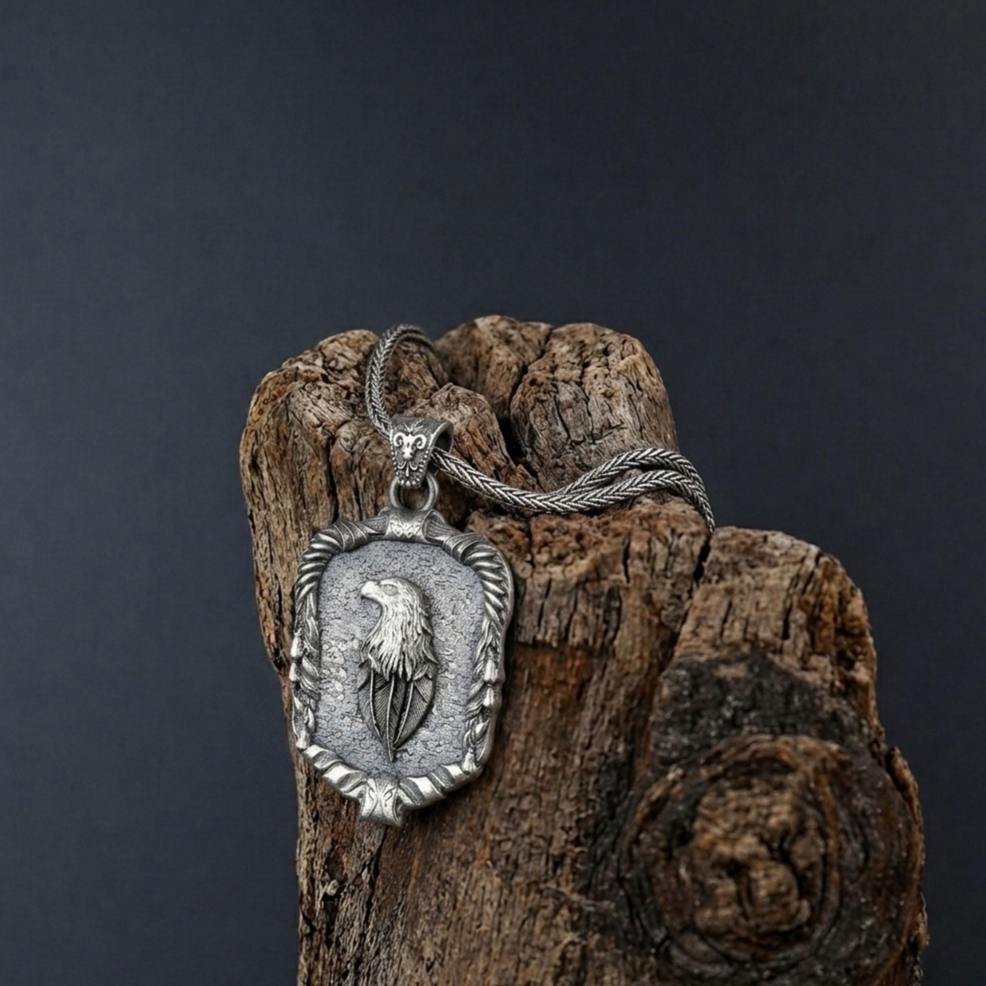 Handmade Sterling Silver Eagle Medallion Necklace, Gothic Pendant