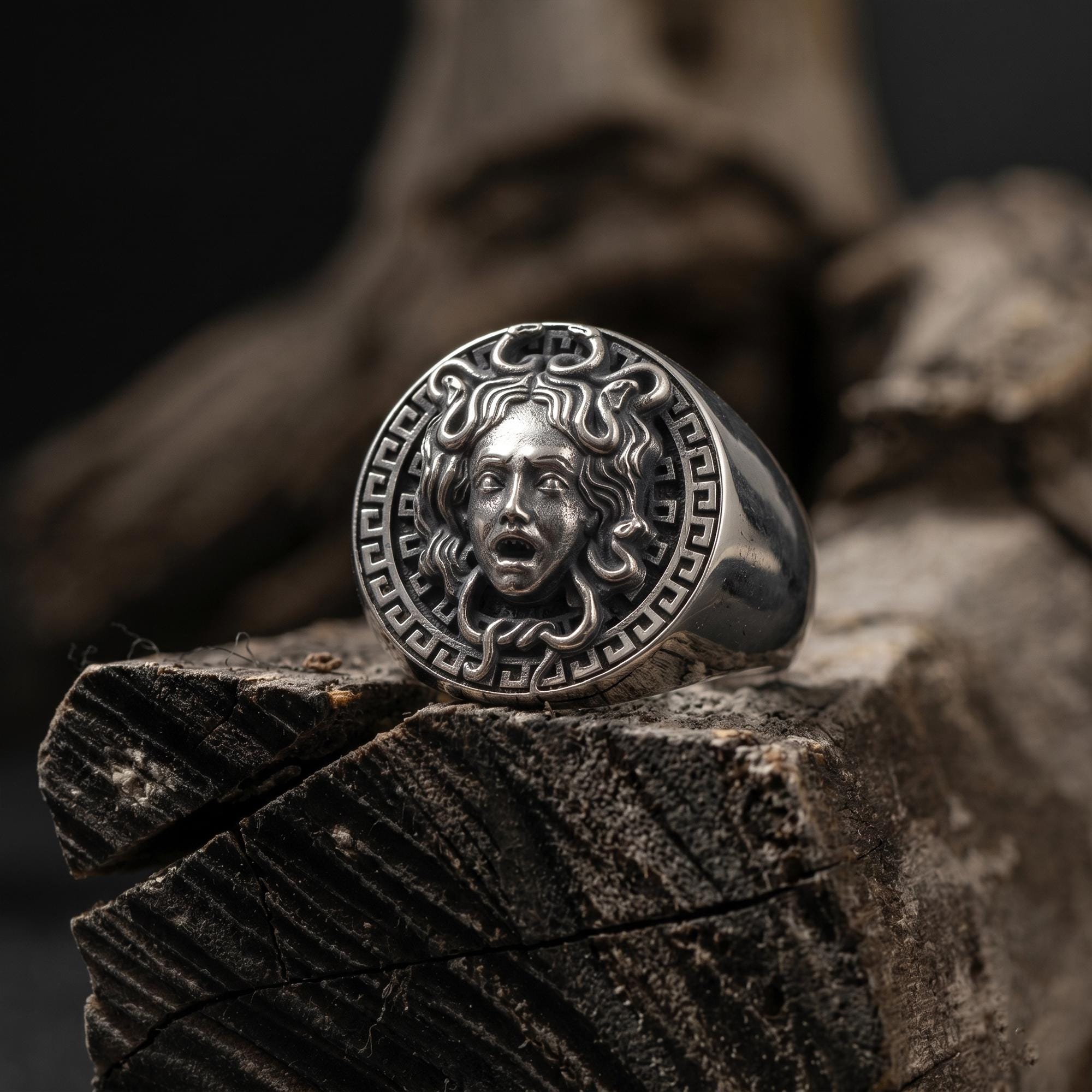 Medusa Signet Ring for Men, 925K Sterling Silver Greek Mythology Ring, Greek Goddess Ring, Gorgon Silver Ring, Gifts for Boyfriend