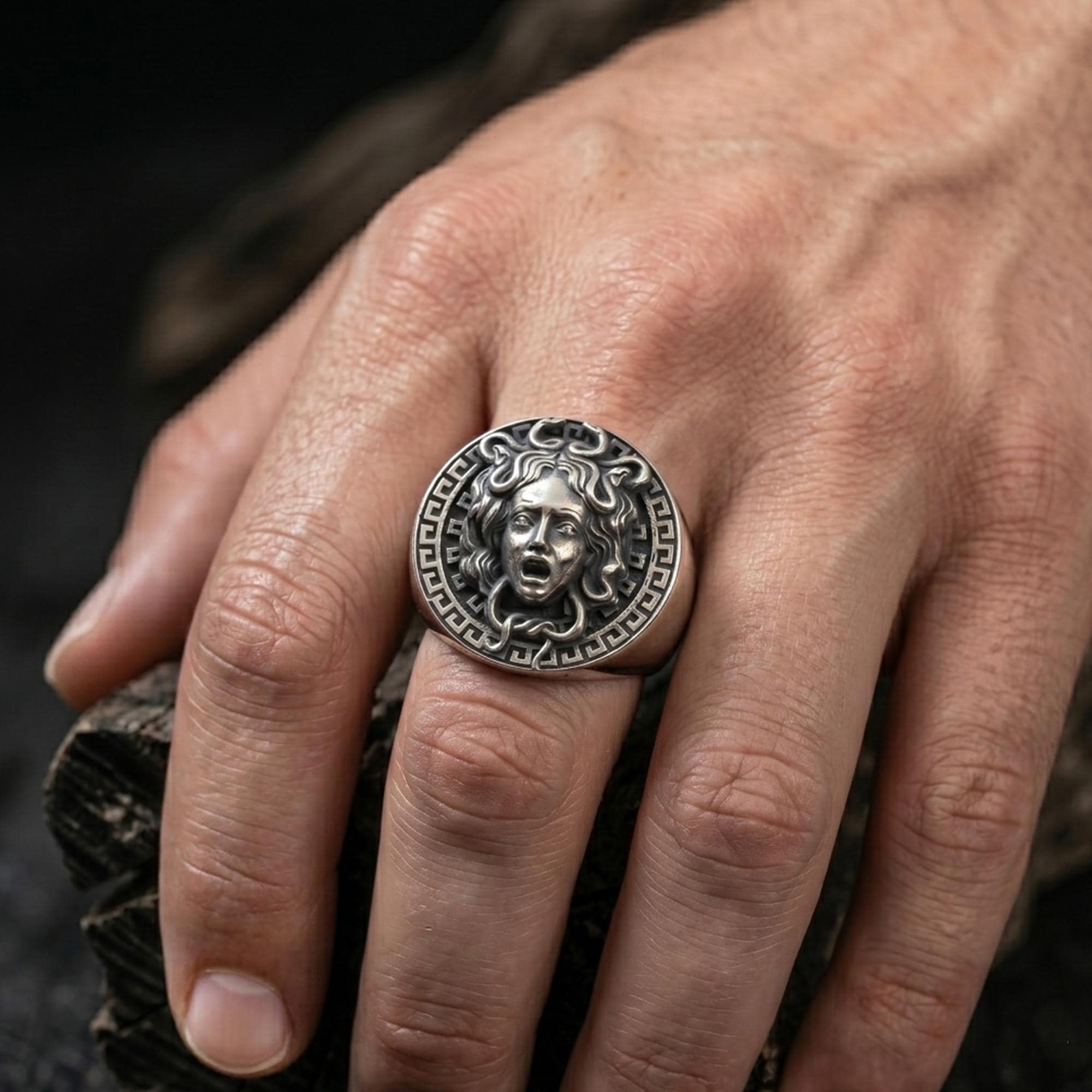 Medusa Signet Ring for Men, 925K Sterling Silver Greek Mythology Ring, Greek Goddess Ring, Gorgon Silver Ring, Gifts for Boyfriend