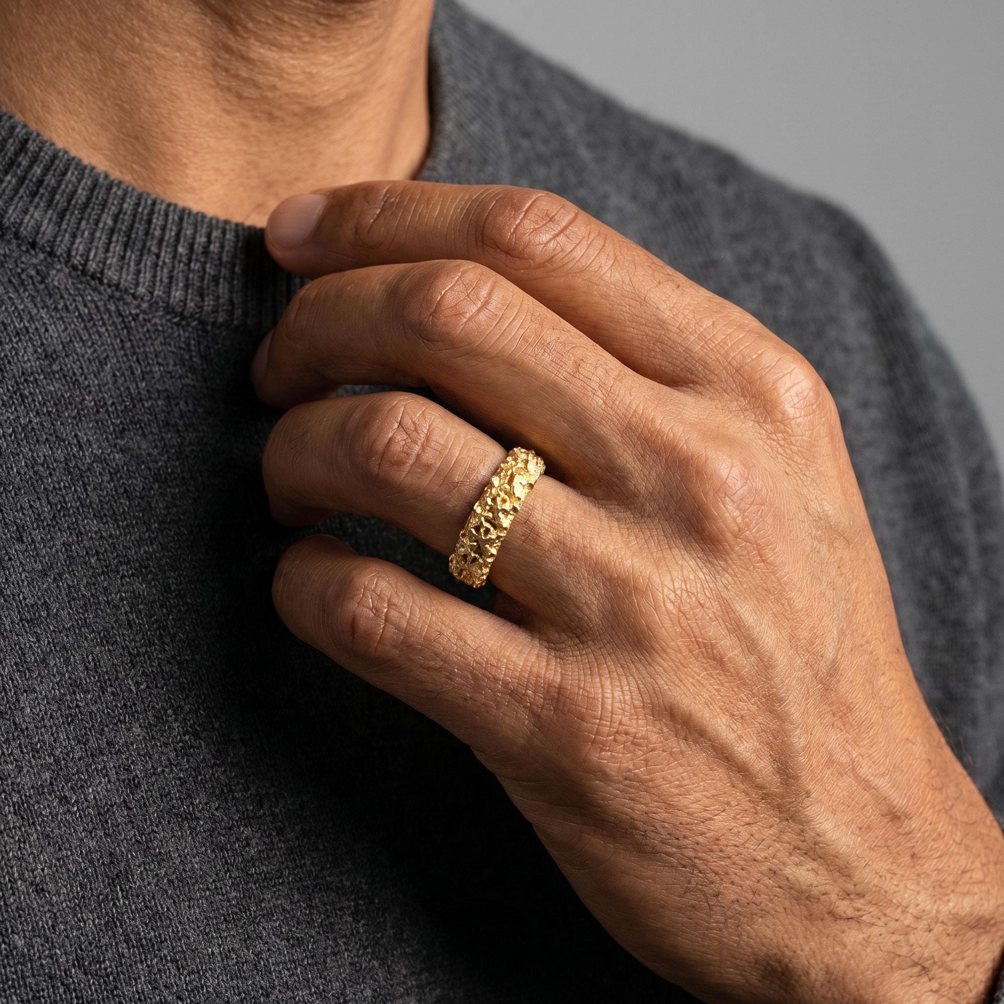 14K Solid Gold Textured Wide Band Ring: Minimalist Gold Ring, Thick Gold Ring, Asymmetric Wedding Band