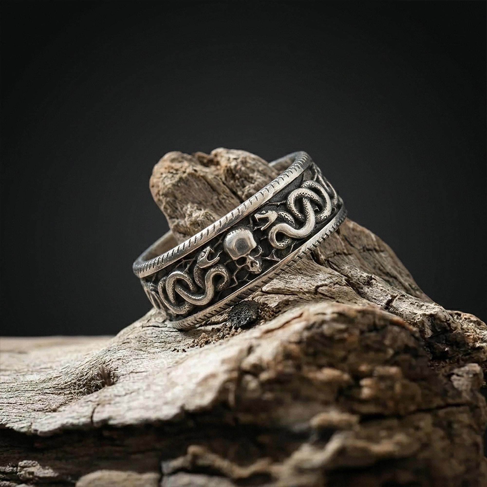 Sterling Silver Snake and Skull Ring, Gothic Band Ring, Unique Engagement Ring, Snake Jewelry, Engraved Skull Band Ring, Punk Jewelry
