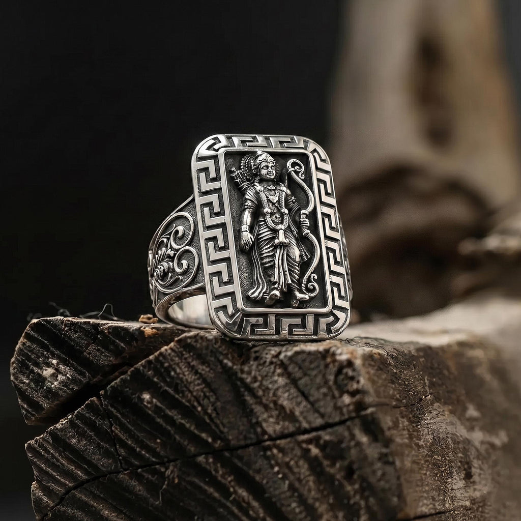Silver Lord Rama Ring for Men, sterling silver Hindu jewelry, symbolic spiritual statement band, and handcrafted accessory designed for those who are inspired by faith, righteousness, and inner strength. This striking ring features a detailed depiction of Lord Rama, one of the most revered deities in Hindu tradition and the central hero of the Ramayana.