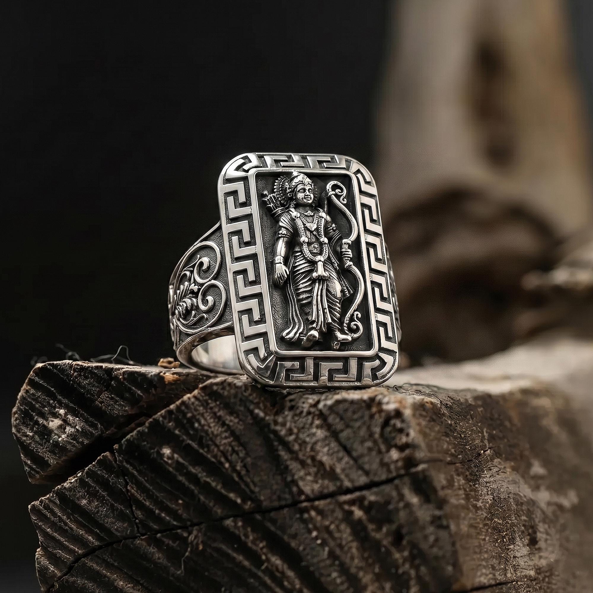 Silver Lord Rama Ring for Men, sterling silver Hindu jewelry, symbolic spiritual statement band, and handcrafted accessory designed for those who are inspired by faith, righteousness, and inner strength. This striking ring features a detailed depiction of Lord Rama, one of the most revered deities in Hindu tradition and the central hero of the Ramayana.