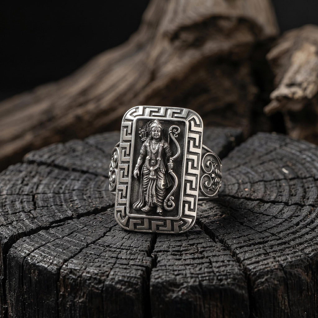 Silver Lord Rama Ring for Men, sterling silver Hindu jewelry, symbolic spiritual statement band, and handcrafted accessory designed for those who are inspired by faith, righteousness, and inner strength. This striking ring features a detailed depiction of Lord Rama, one of the most revered deities in Hindu tradition and the central hero of the Ramayana.