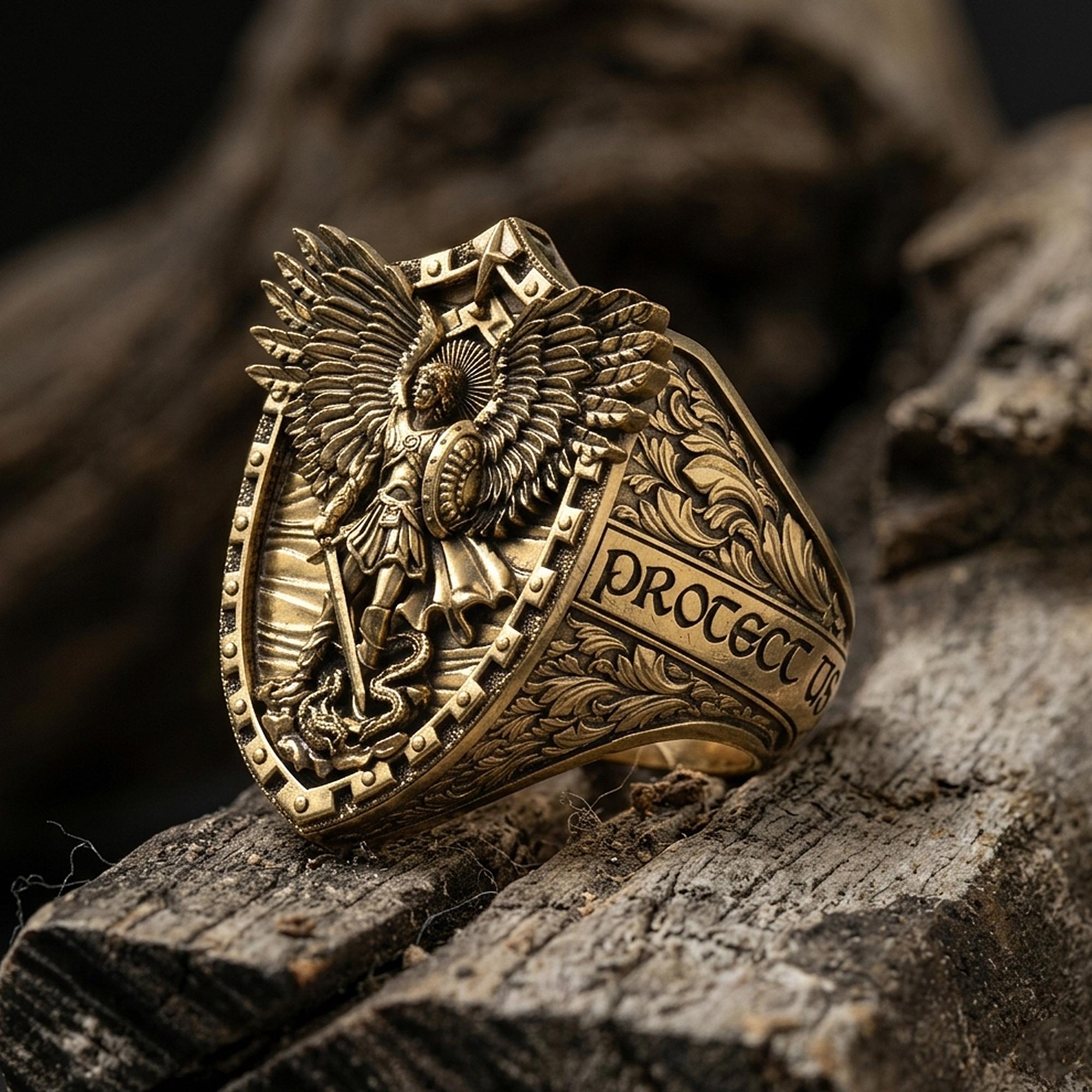 14K Solid Gold Archangel Michael Ring: Saint Protection Christian Jewelry
