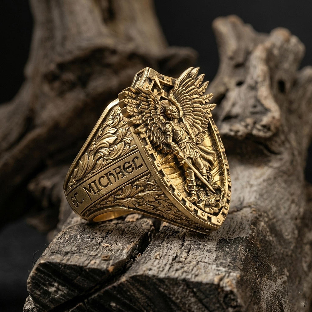14K Solid Gold Archangel Michael Ring: Saint Protection Christian Jewelry