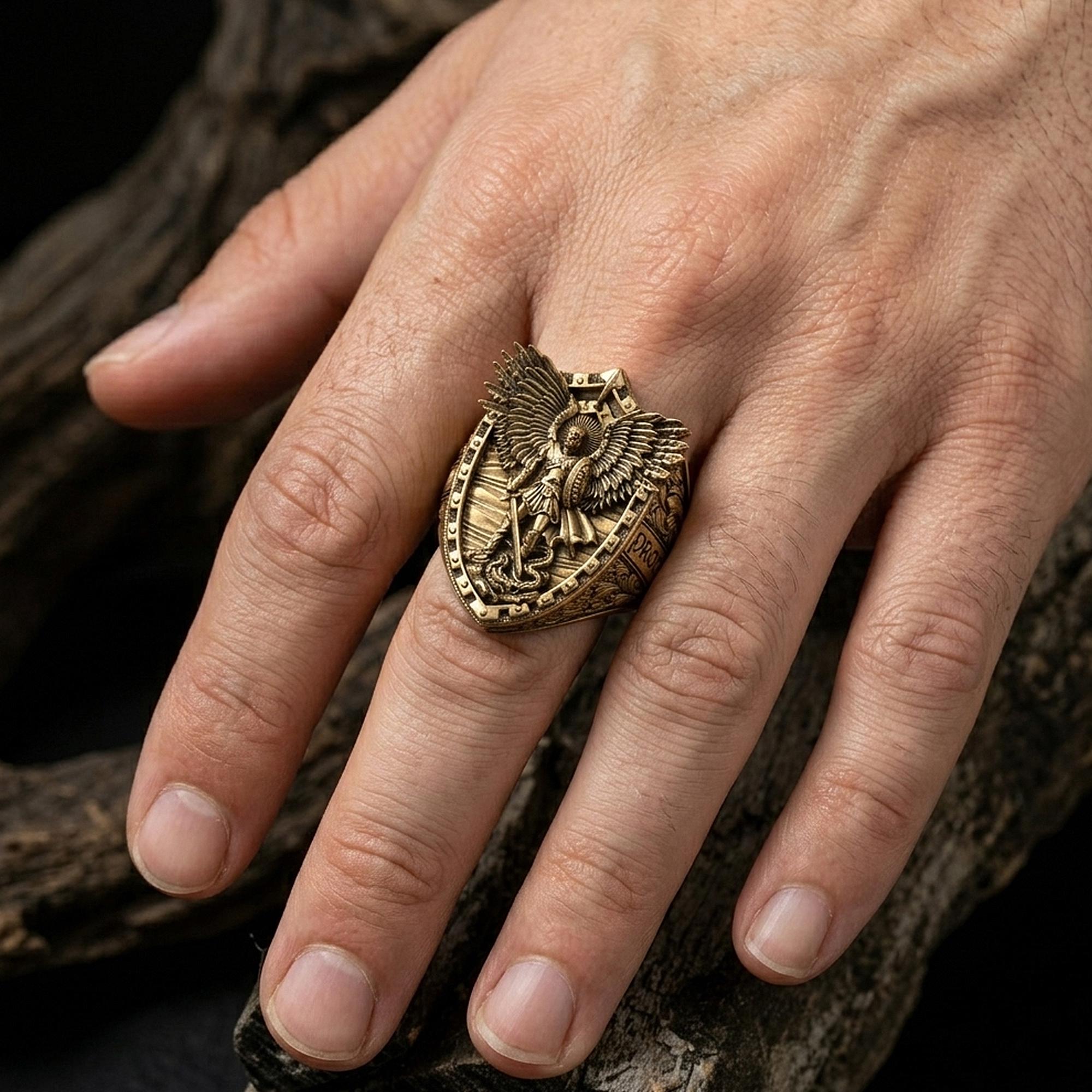Saint Michael Archangel Ring, Oxidized Sterling Silver, Christian Men's Jewelry
