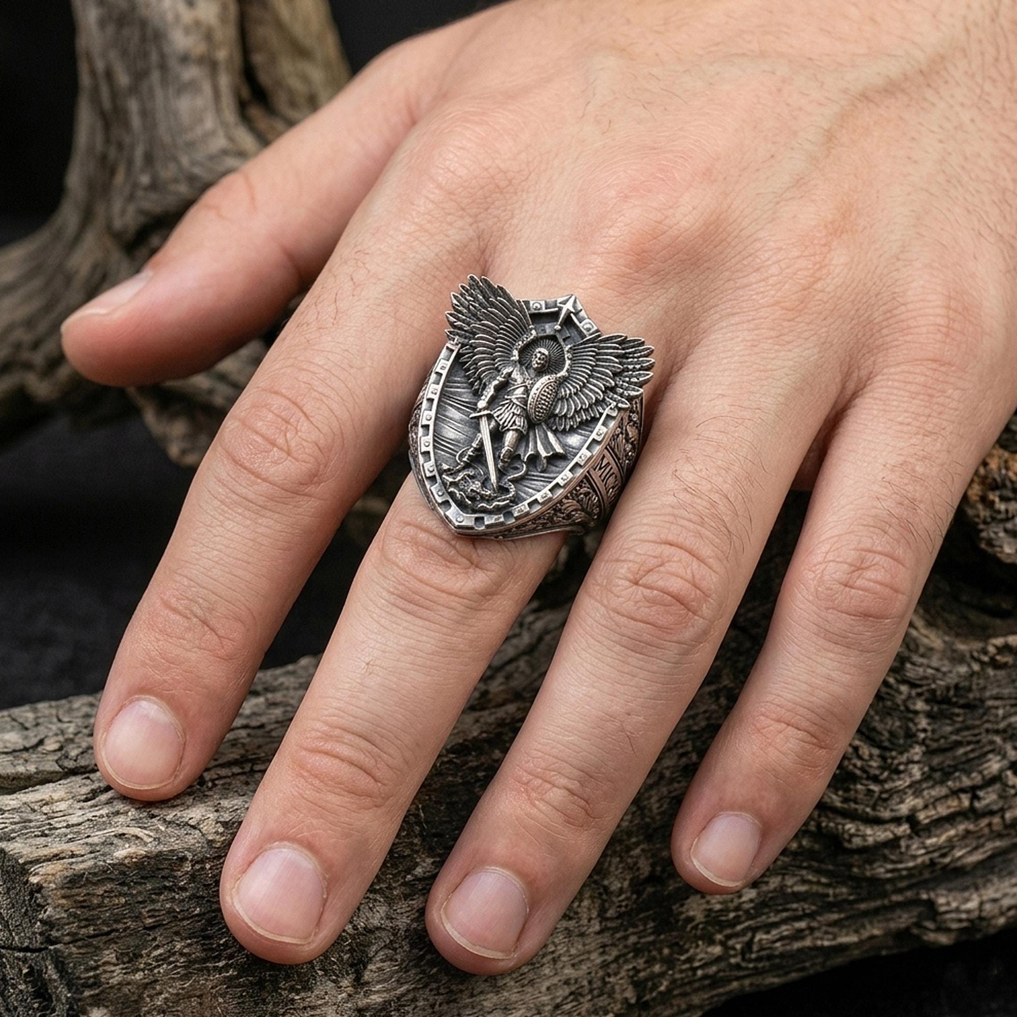 925 Sterling Silver Saint Michael Ring: Archangel Protection Ring for Men, Catholic Defender Ring