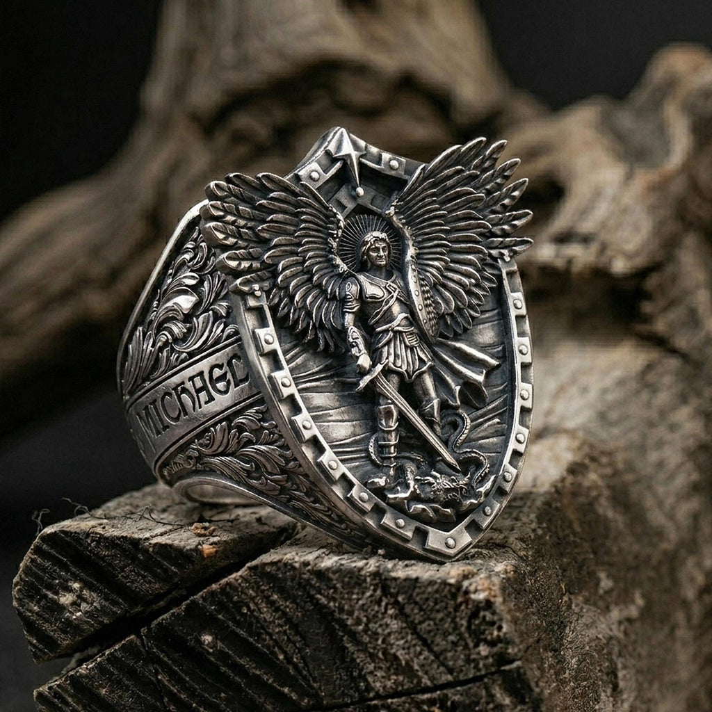 925 Sterling Silver Saint Michael Ring: Archangel Protection Ring for Men, Catholic Defender Ring