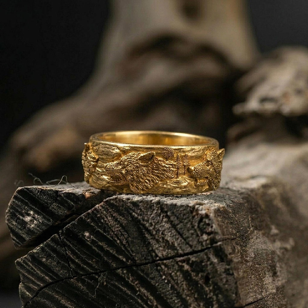 14K Solid Gold Wolf Band Ring for Men: Bold Nature-Inspired Gold Ring, Handmade Wolf Jewelry