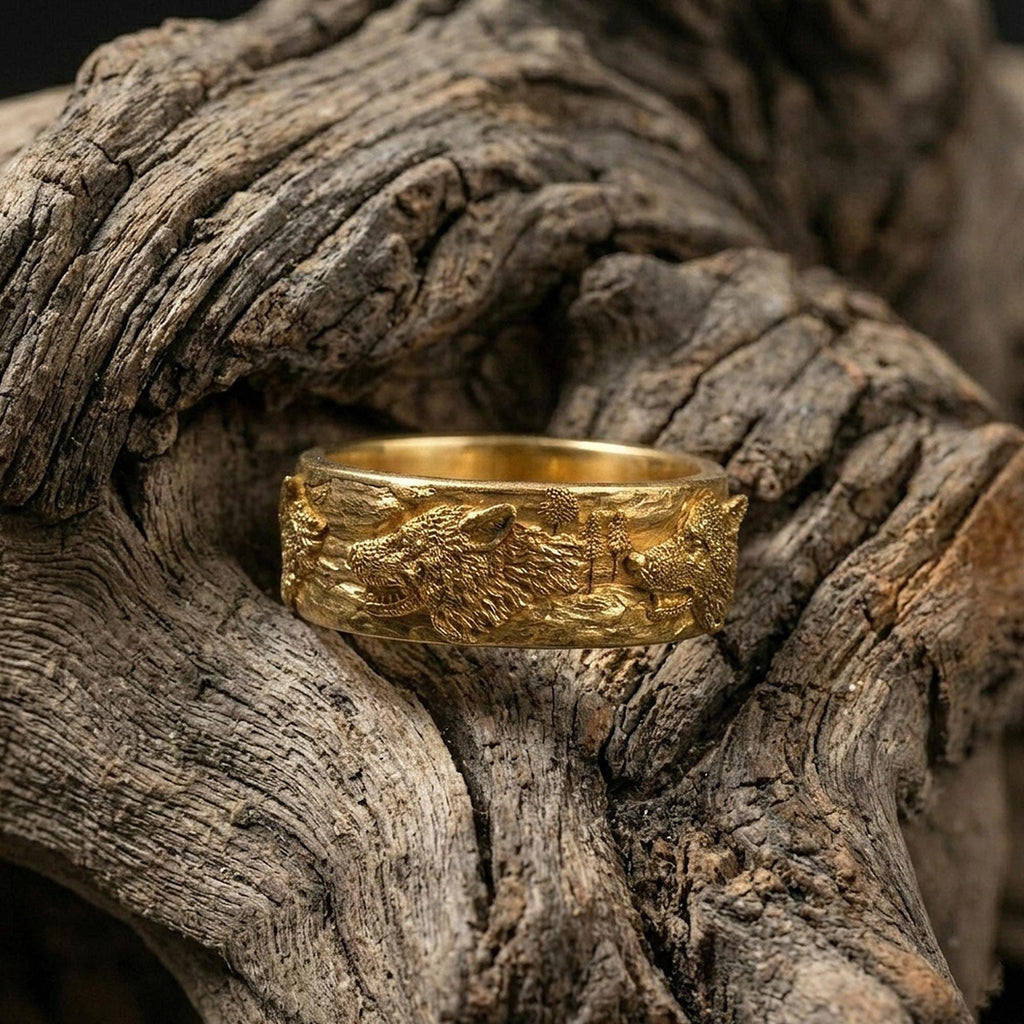 14K Solid Gold Wolf Band Ring for Men: Bold Nature-Inspired Gold Ring, Handmade Wolf Jewelry