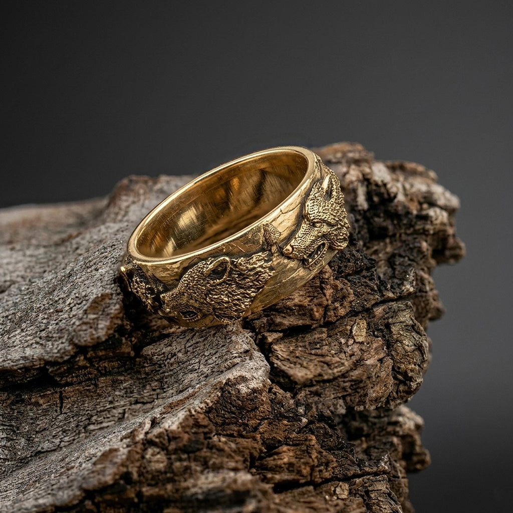 14K Solid Gold Wolf Band Ring for Men: Bold Nature-Inspired Gold Ring, Handmade Wolf Jewelry