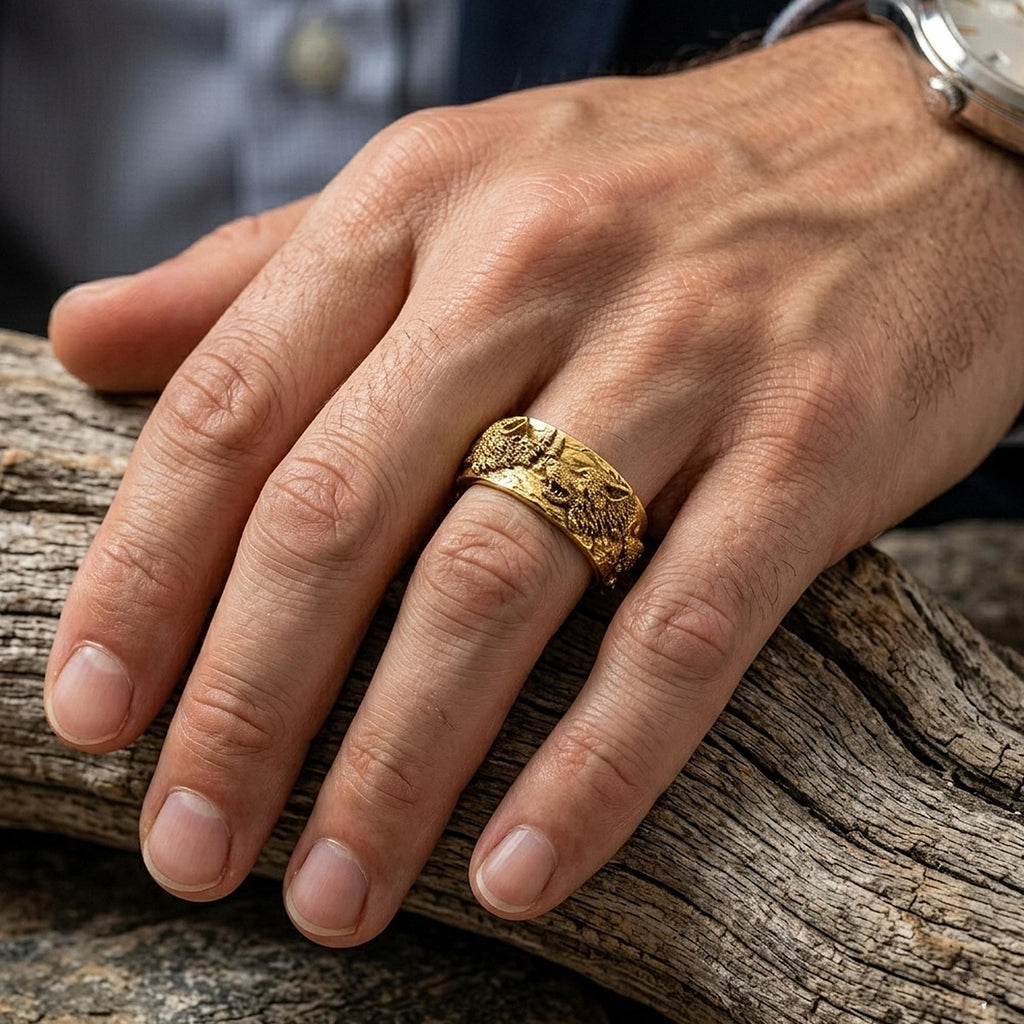 14K Solid Gold Wolf Band Ring for Men: Bold Nature-Inspired Gold Ring, Handmade Wolf Jewelry
