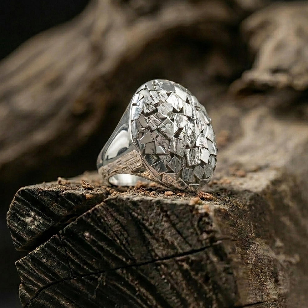 Handmade Chipped Sterling Silver Men's Signet Ring, Geometric Design