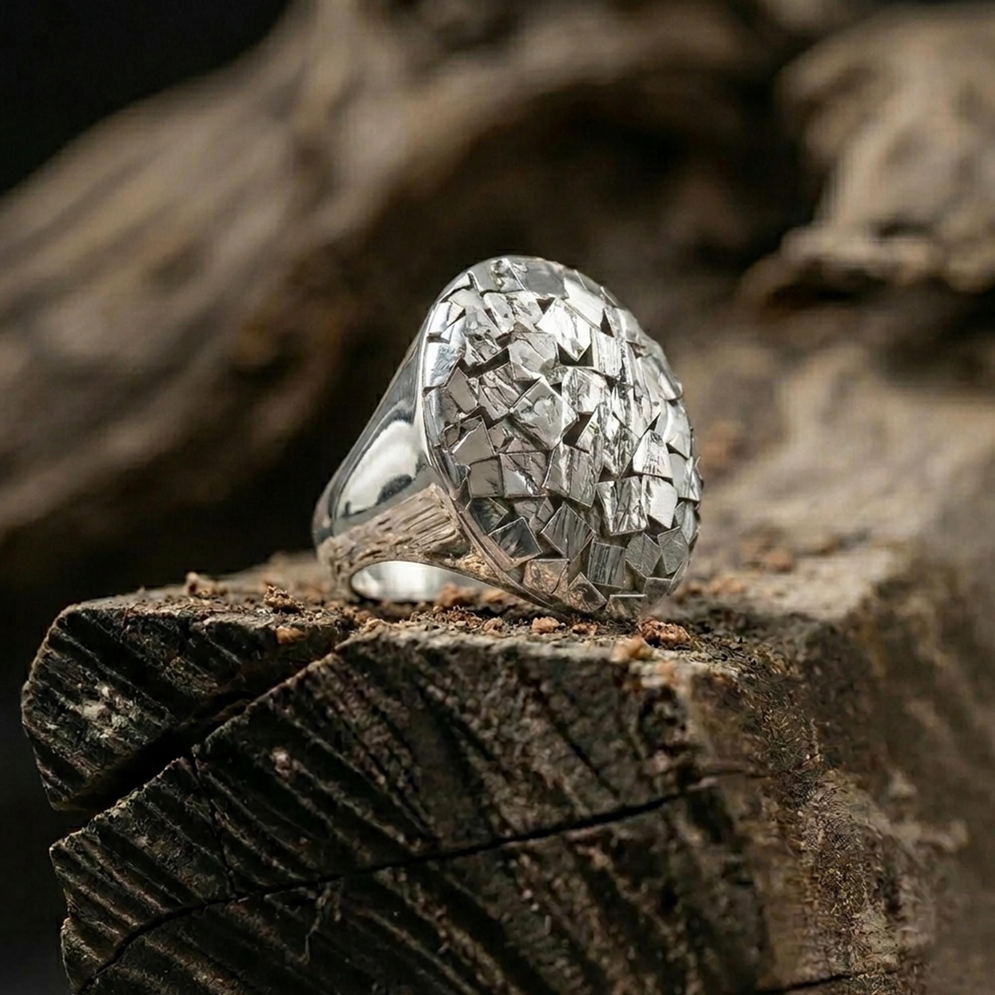 Handmade Chipped Sterling Silver Men's Signet Ring, Geometric Design