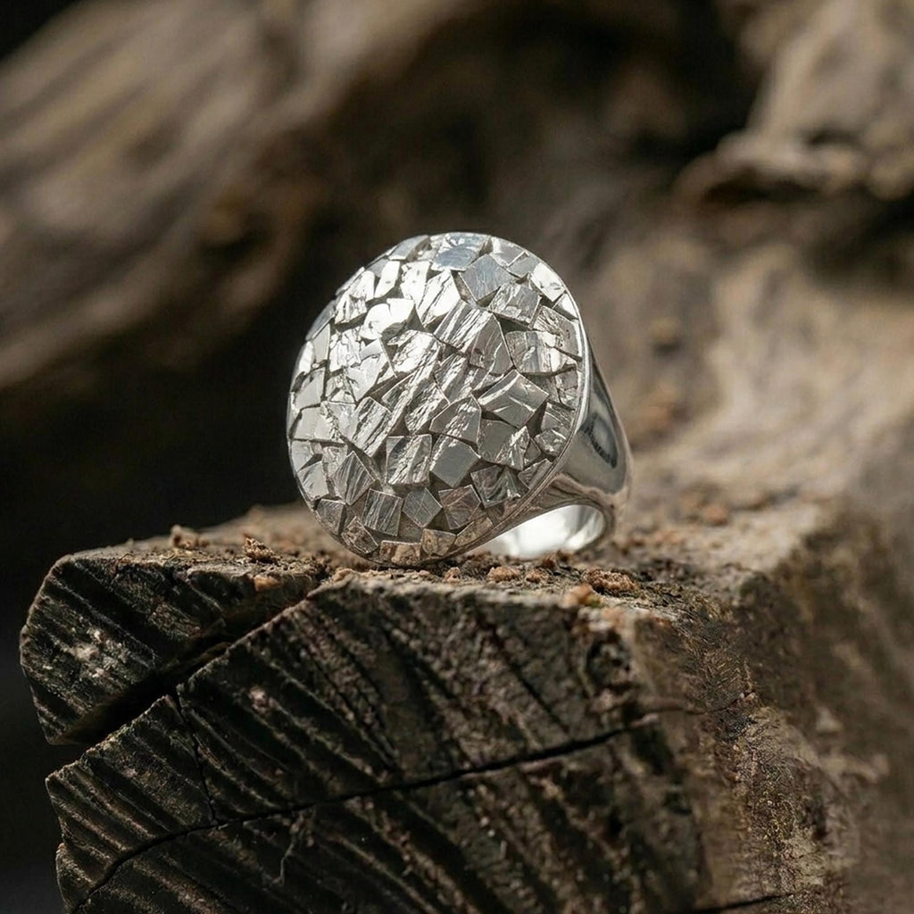 Handmade Chipped Sterling Silver Men's Signet Ring, Geometric Design