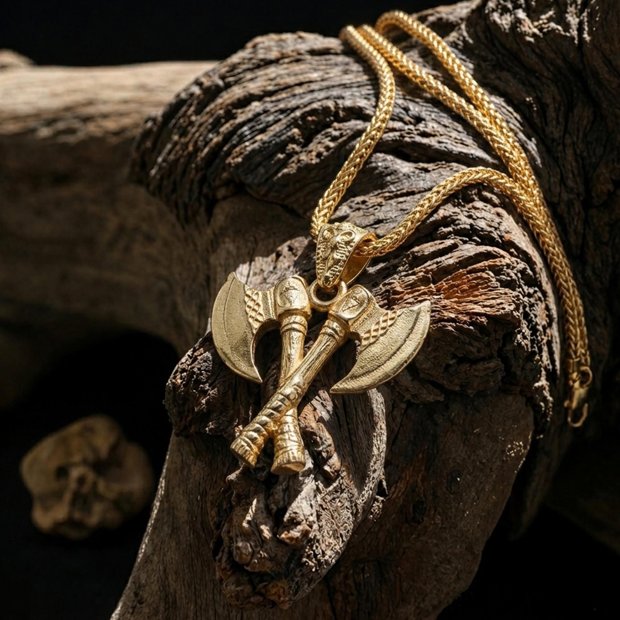 Gold Viking Double Axe Pendant, Norse Sterling Silver Necklace