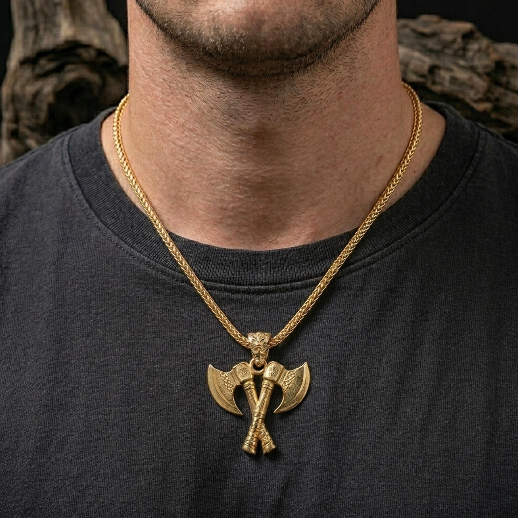 Gold Viking Double Axe Pendant, Norse Sterling Silver Necklace