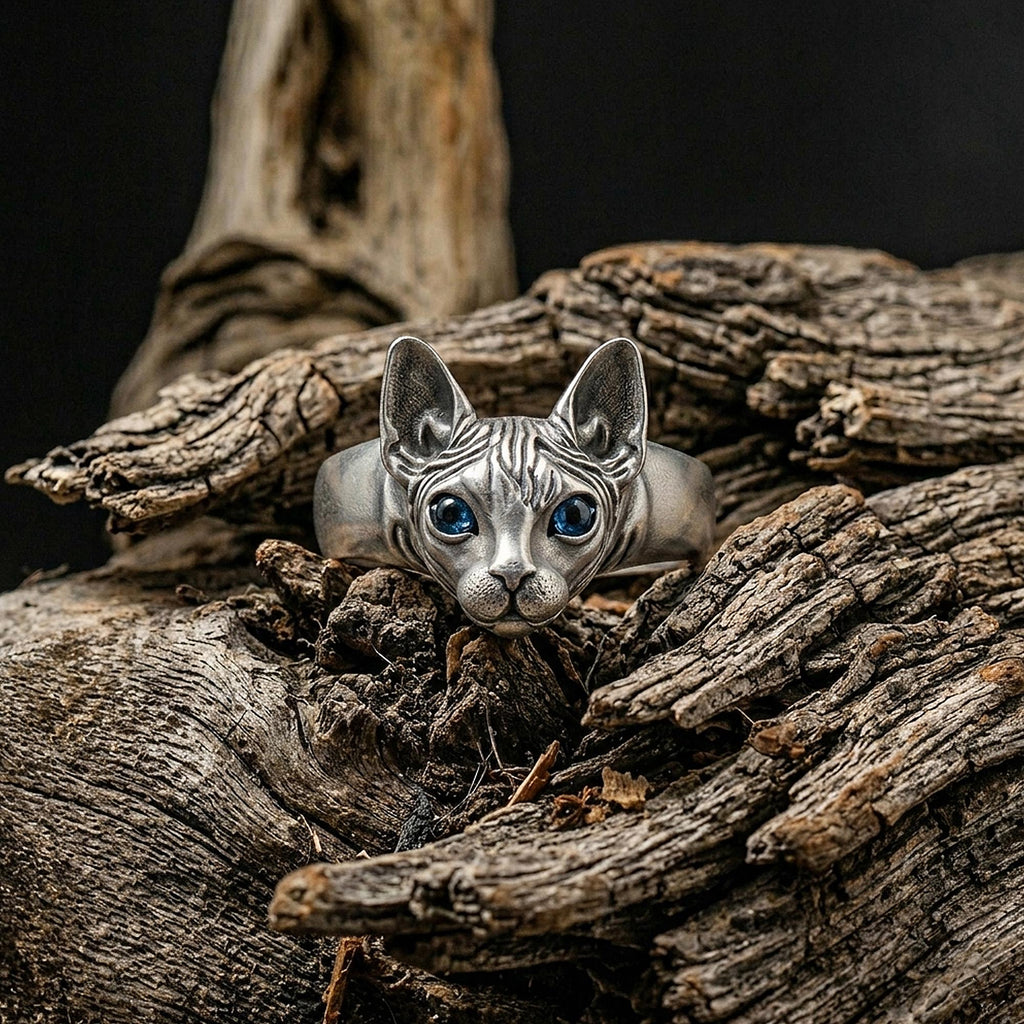 Sphynx cat ring, hairless cat inspired band, Egyptian style animal jewelry, and handcrafted statement ring designed for those who are drawn to elegance, uniqueness, and feline symbolism. This distinctive ring features a detailed Sphynx cat motif, capturing the graceful yet striking presence of this iconic breed, creating a look that feels refined, modern, and expressive.