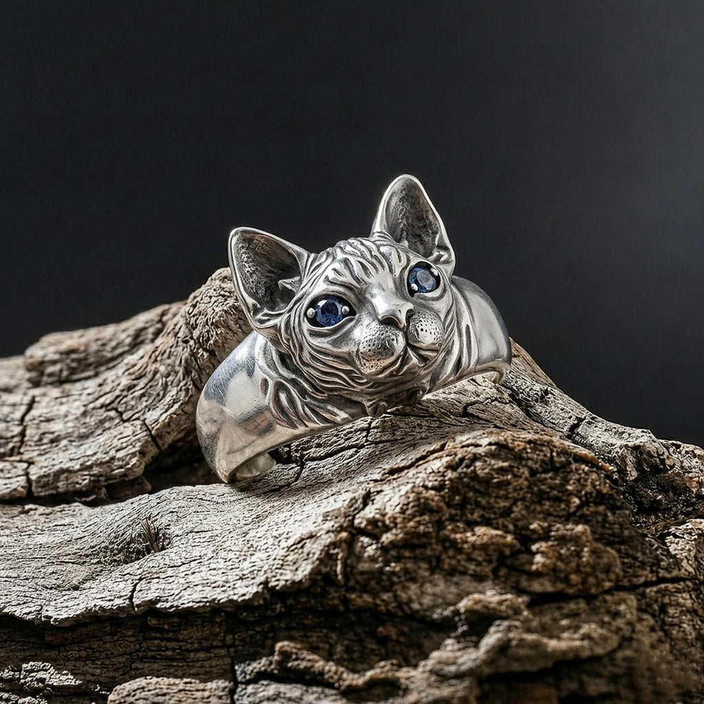 Sphynx cat ring, hairless cat inspired band, Egyptian style animal jewelry, and handcrafted statement ring designed for those who are drawn to elegance, uniqueness, and feline symbolism. This distinctive ring features a detailed Sphynx cat motif, capturing the graceful yet striking presence of this iconic breed, creating a look that feels refined, modern, and expressive.