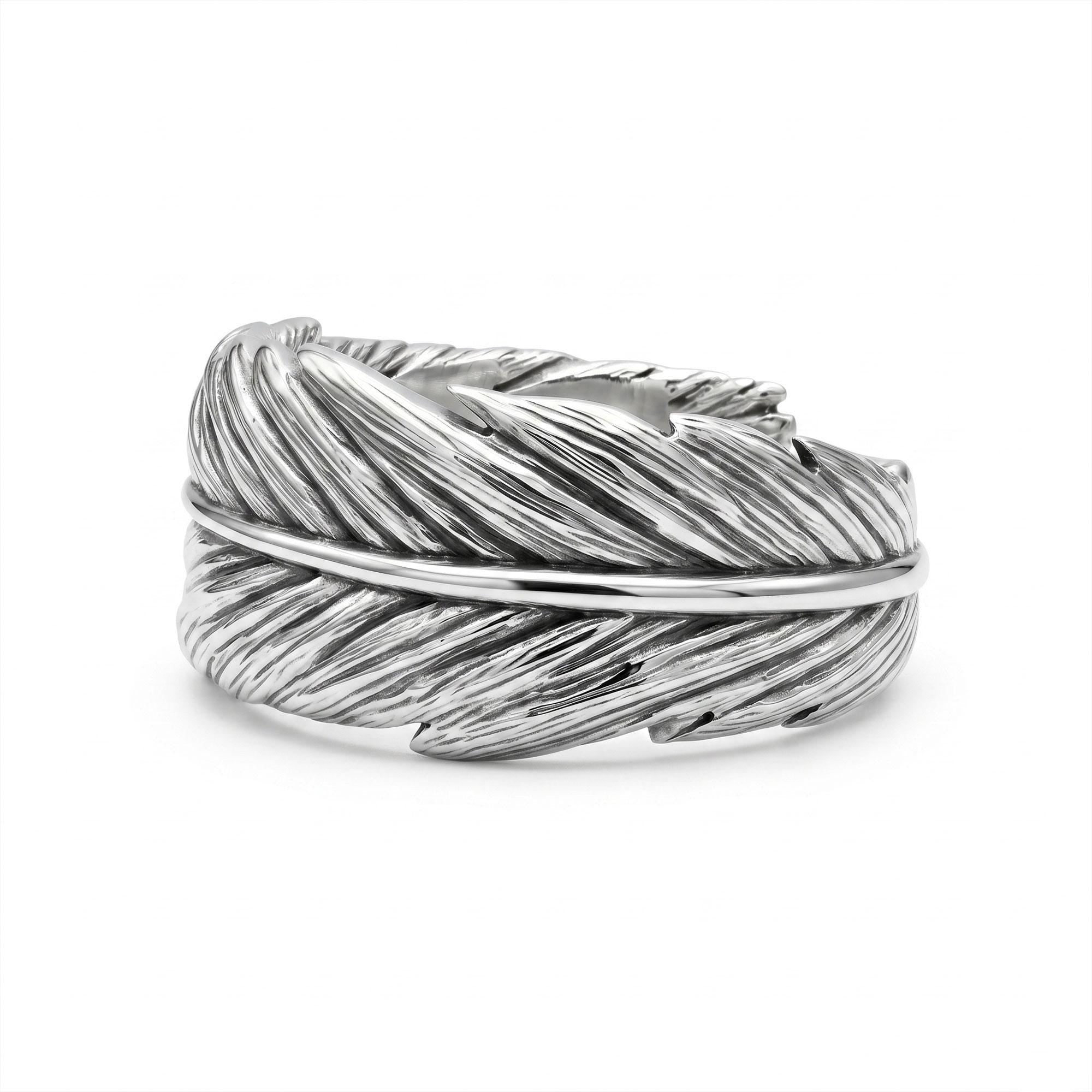 Sterling silver feather band ring, nature inspired men’s wedding ring, engraved feather ring, and handcrafted rustic jewelry designed for those who are drawn to freedom, lightness, and organic beauty. This elegant ring features a detailed feather pattern wrapping around the band, creating a look that feels natural, symbolic, and effortlessly refined. It is not just a ring — it is a meaningful piece that blends nature-inspired design, masculine st