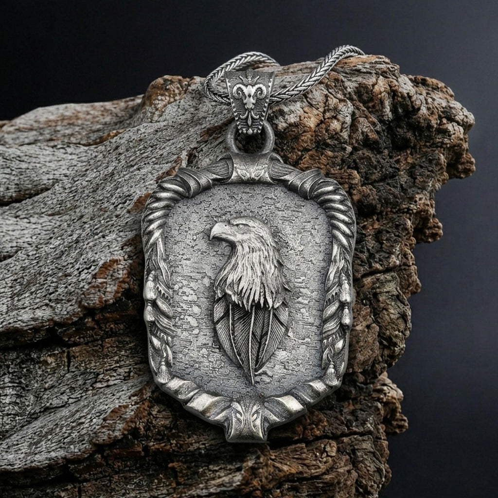Handmade Sterling Silver Eagle Medallion Necklace, Gothic Pendant