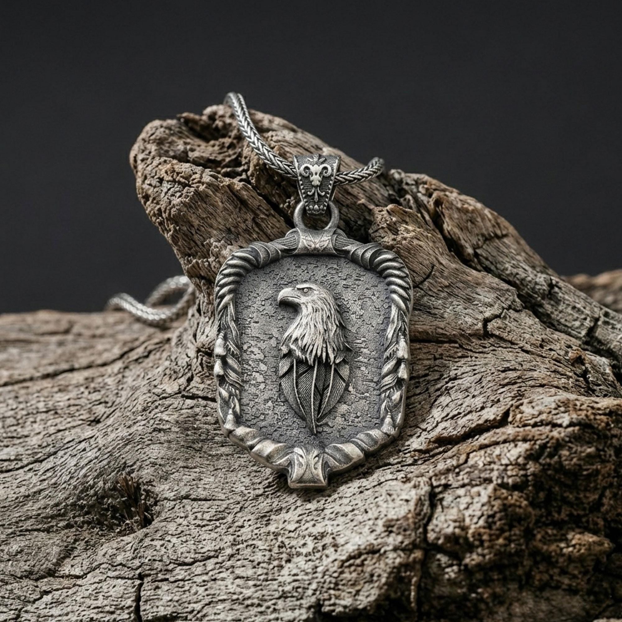 Handmade Sterling Silver Eagle Medallion Necklace, Gothic Pendant