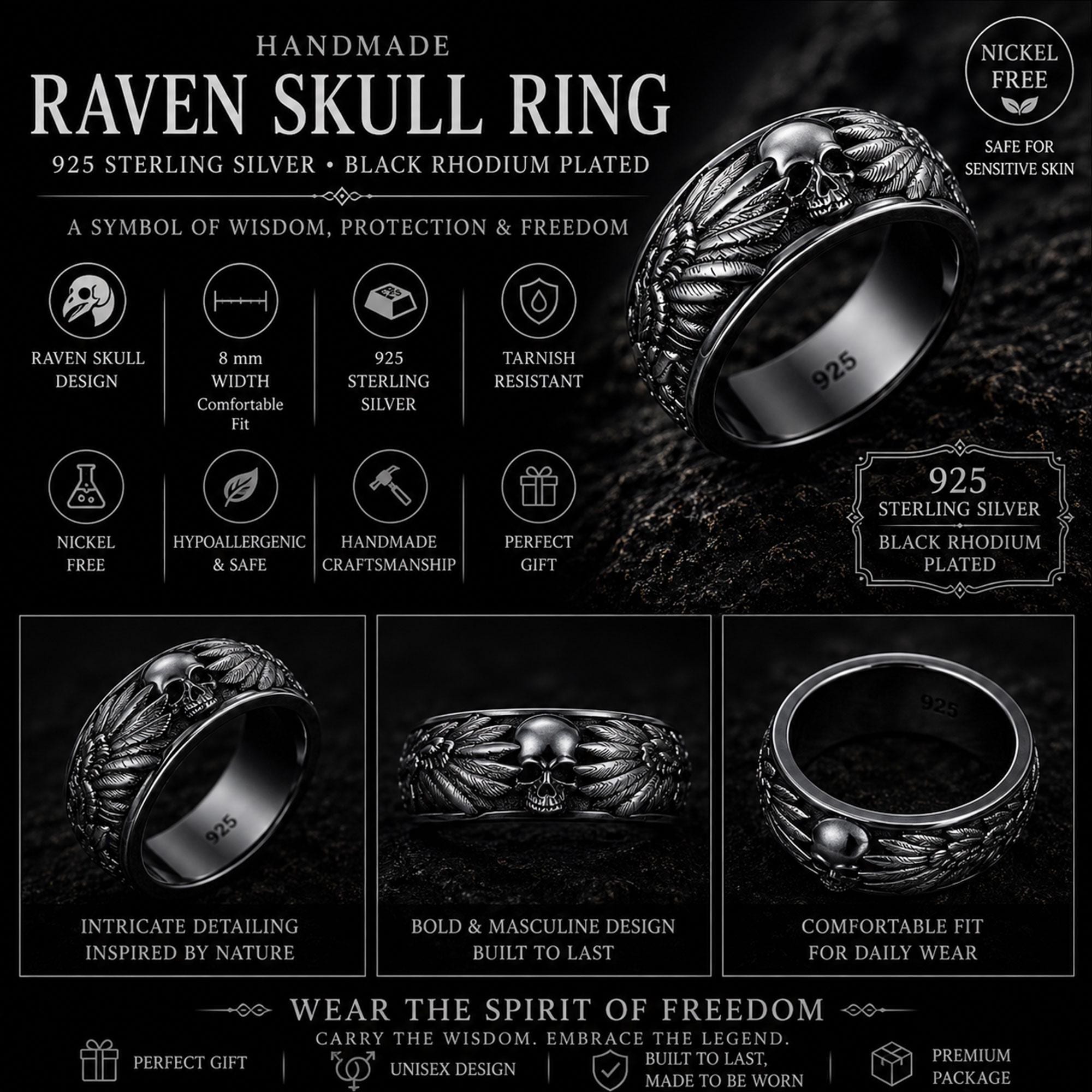 Sterling Silver Raven Skull Ring: Viking Gothic Men's Band, Dark Symbolic Jewelry