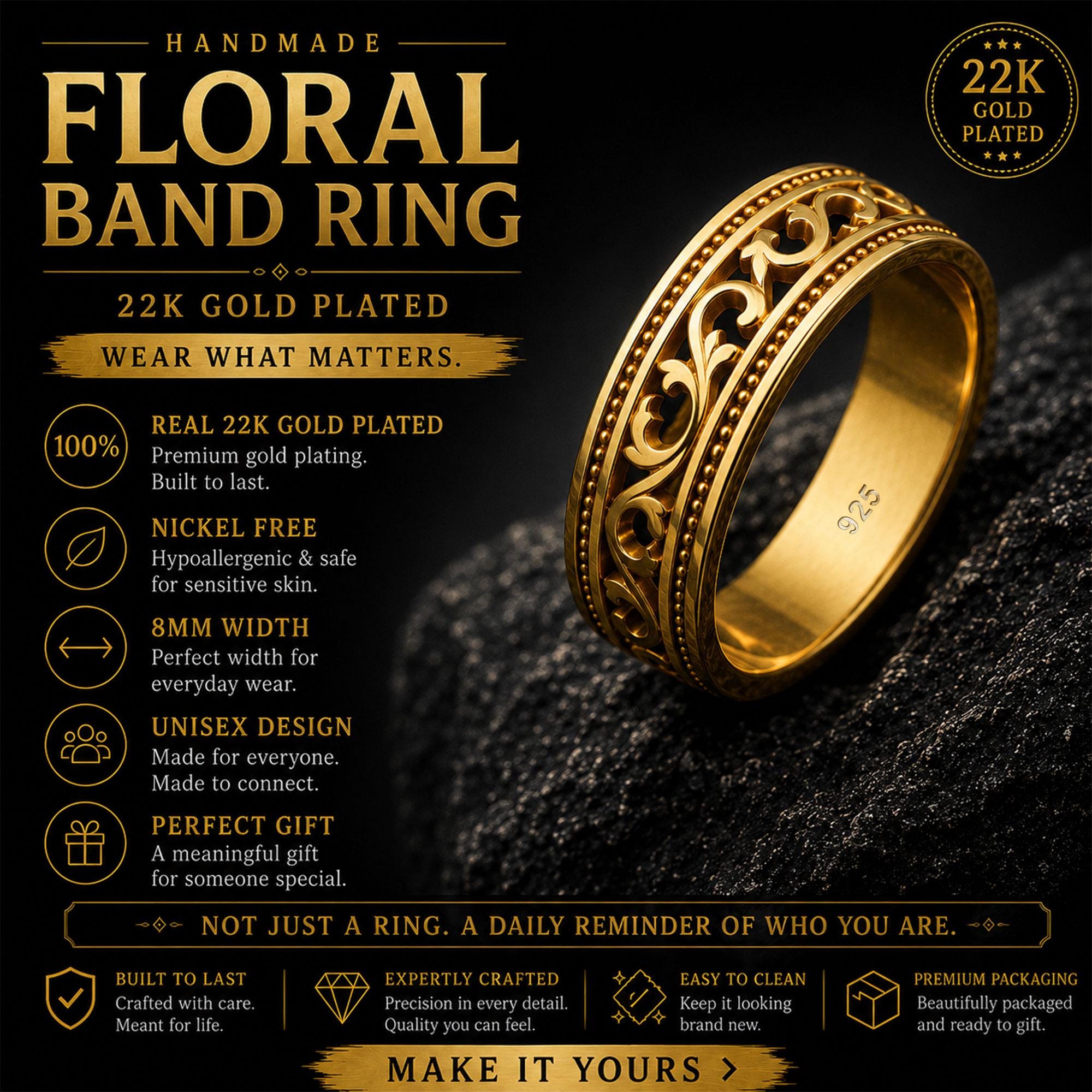 Sterling Silver Vintage Men's Band: Engraved Scrollwork Wedding Ring