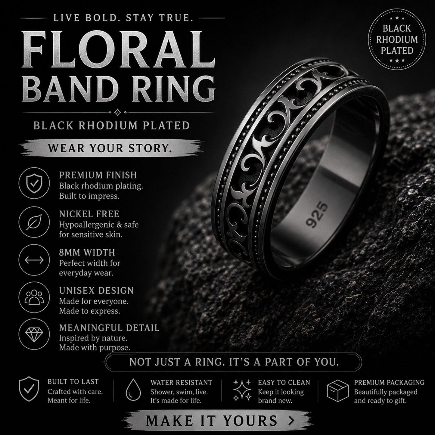 Sterling Silver Vintage Men's Band: Engraved Scrollwork Wedding Ring