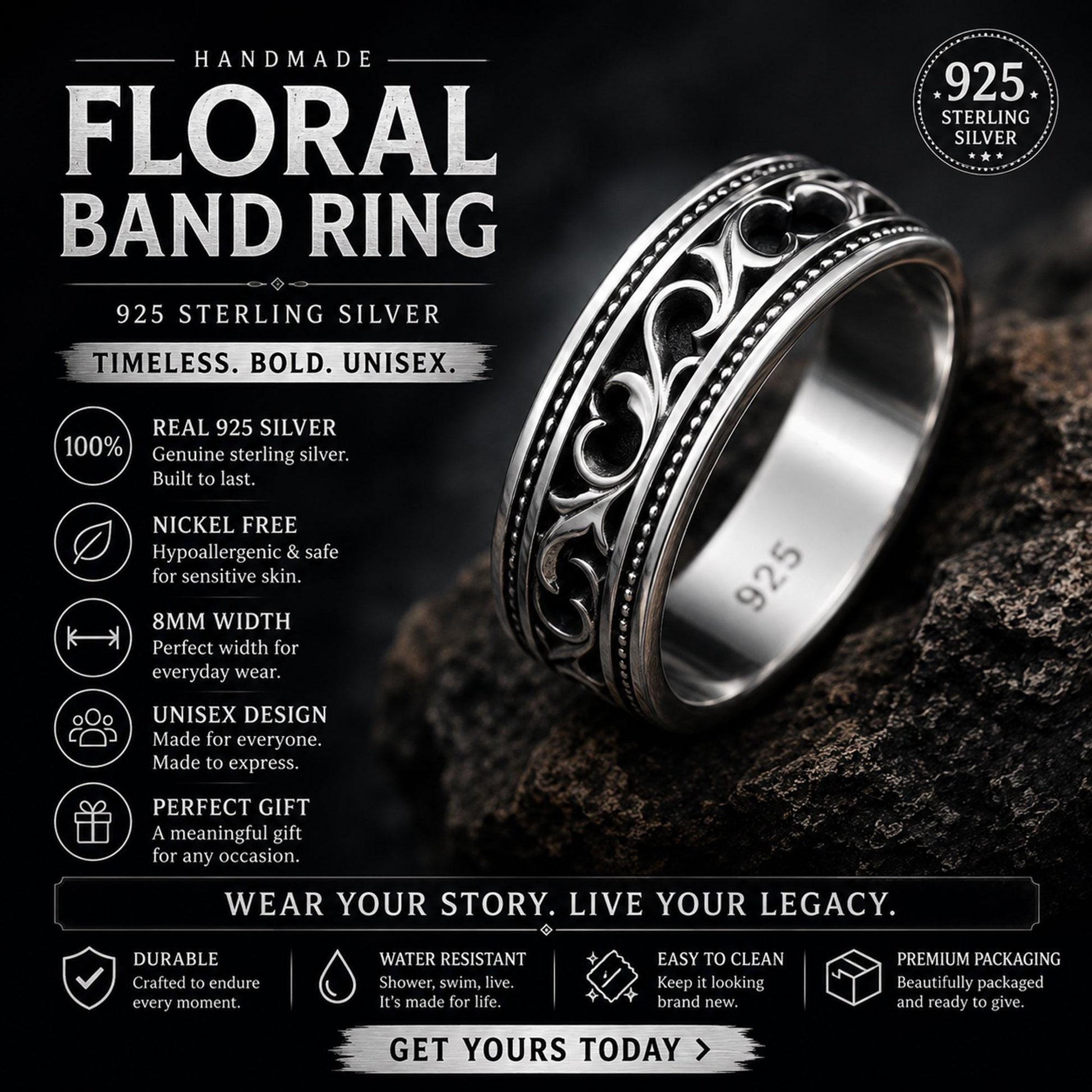 Men's Victorian Floral Band Ring, Engraved Wedding Band, Medieval Filigree Jewelry