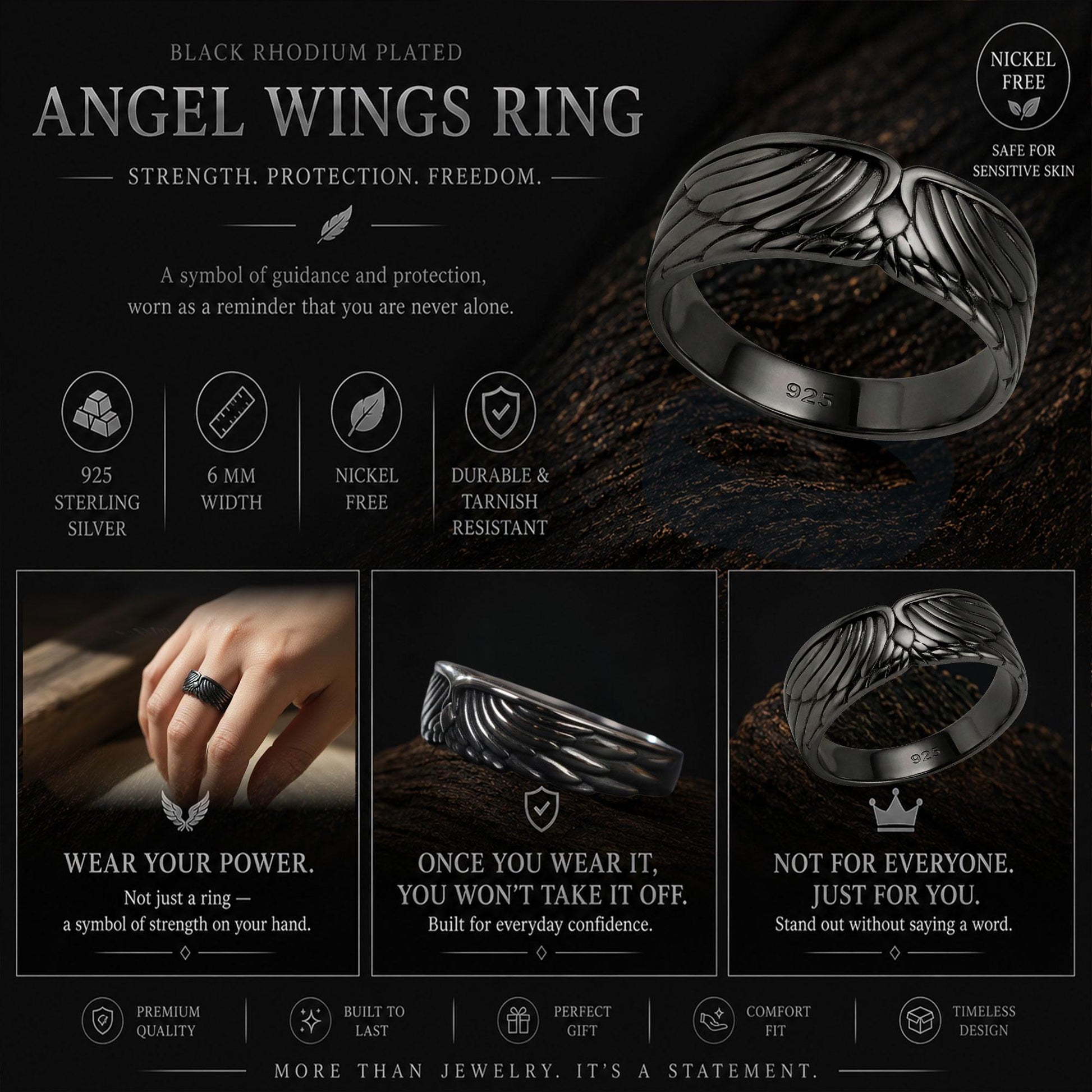 Sterling Silver Wings Band Ring: Symbolic Angelic Unisex Statement Jewelry