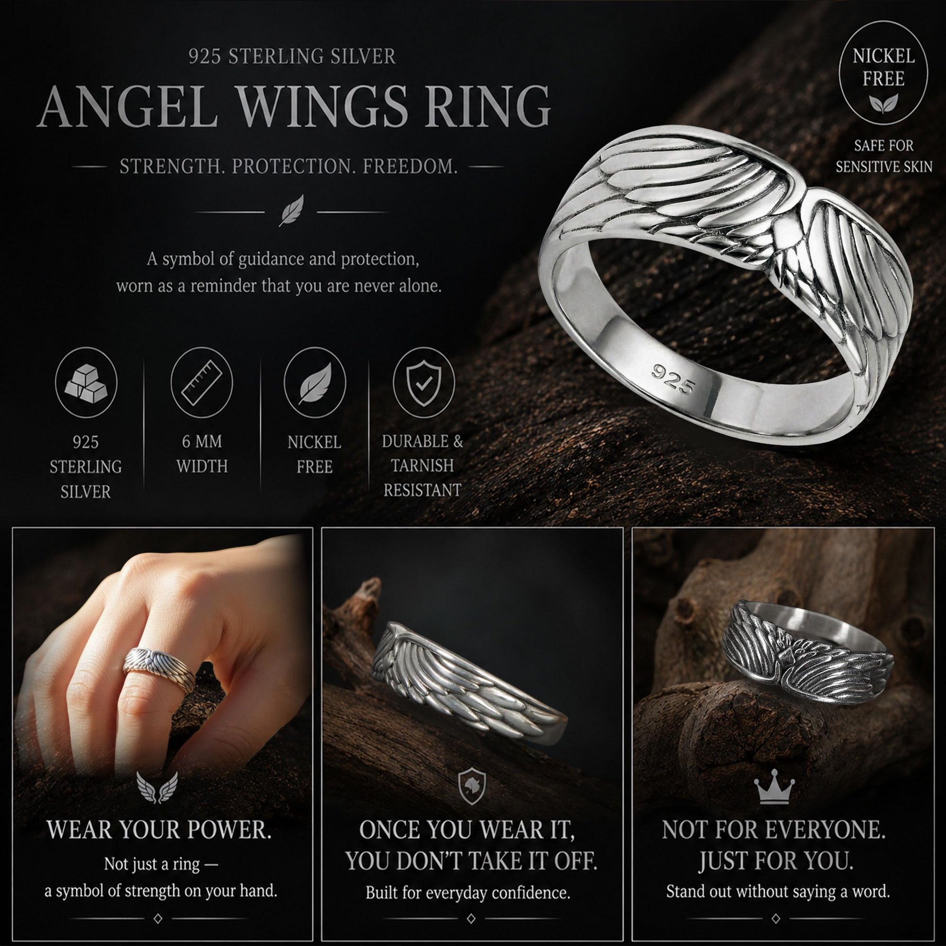 Sterling Silver Wings Band Ring: Symbolic Angelic Unisex Statement Jewelry