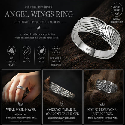 Sterling Silver Wings Band Ring: Symbolic Angelic Unisex Statement Jewelry
