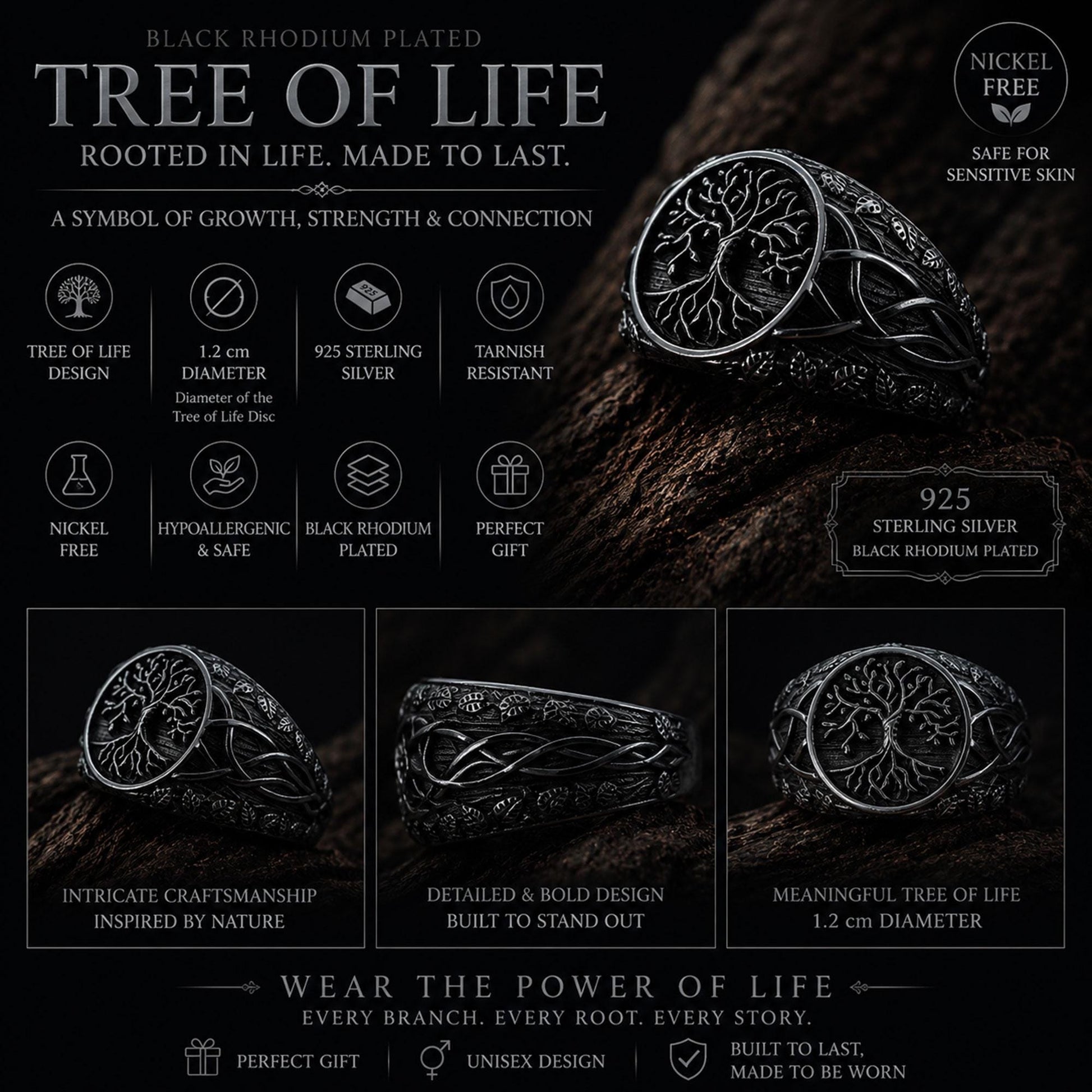 Mens Yggdrasil Ring: Sterling Silver Tree of Life Norse Band, Celtic Symbolism