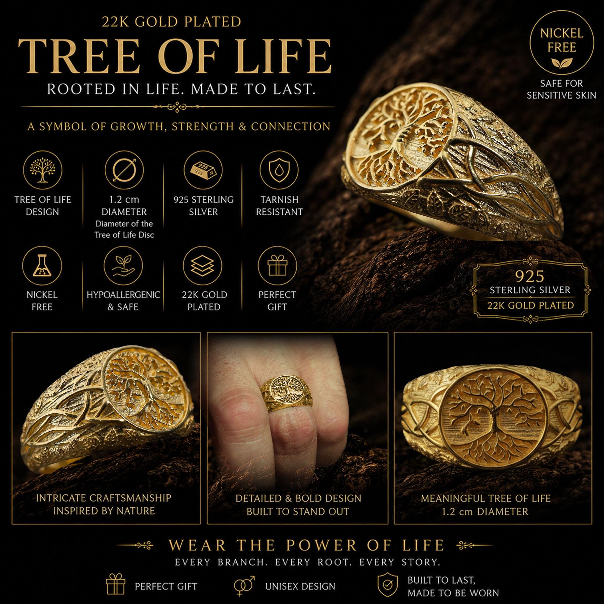 Mens Yggdrasil Ring: Sterling Silver Tree of Life Norse Band, Celtic Symbolism