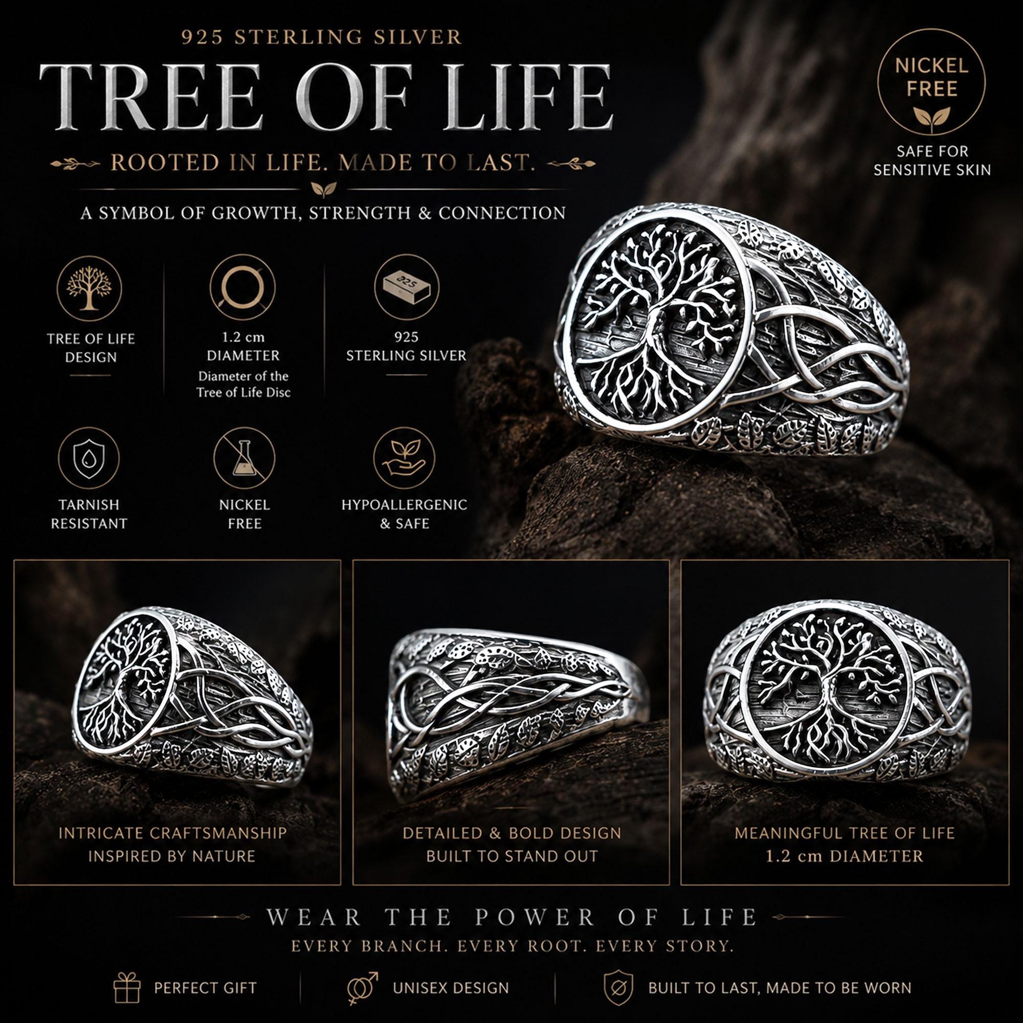 Rhodium Plated Yggdrasil Ring, Tree of Life Signet Ring for Men, Bohemian Nature Symbol Ring, Scandinavian Ring, Life Force Jewelry