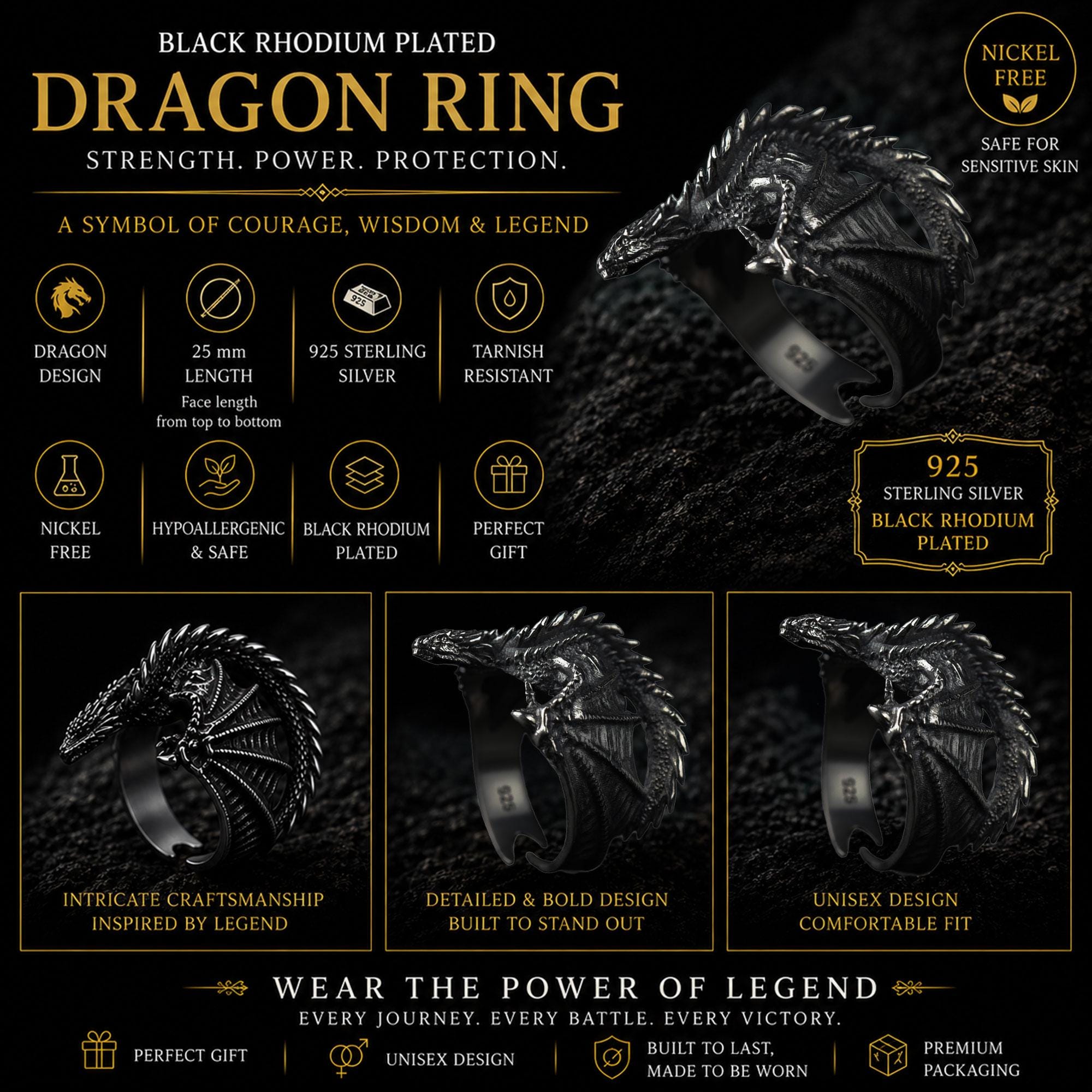 Gold Dragon Wrap Ring: Detailed Fantasy Mythology Statement Jewelry