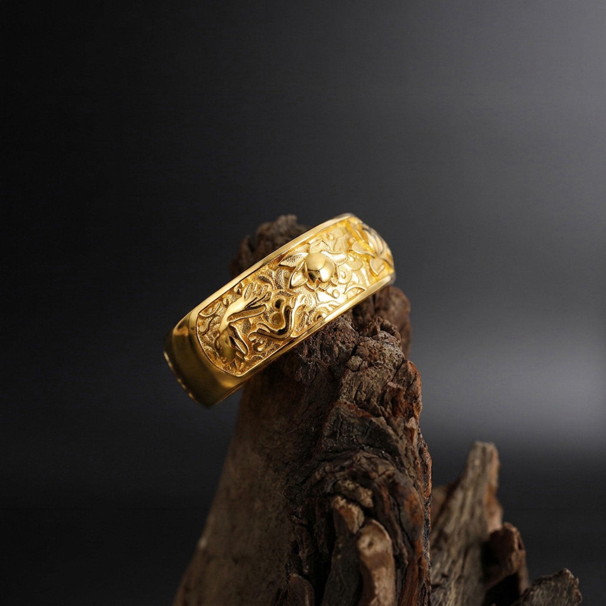 14K Solid Gold Lotus Ring: Japanese Floral Wedding Band, Engraved Blossom Jewelry