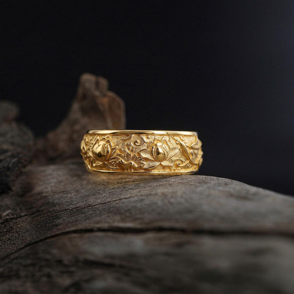 14K Solid Gold Lotus Ring: Japanese Floral Wedding Band, Engraved Blossom Jewelry