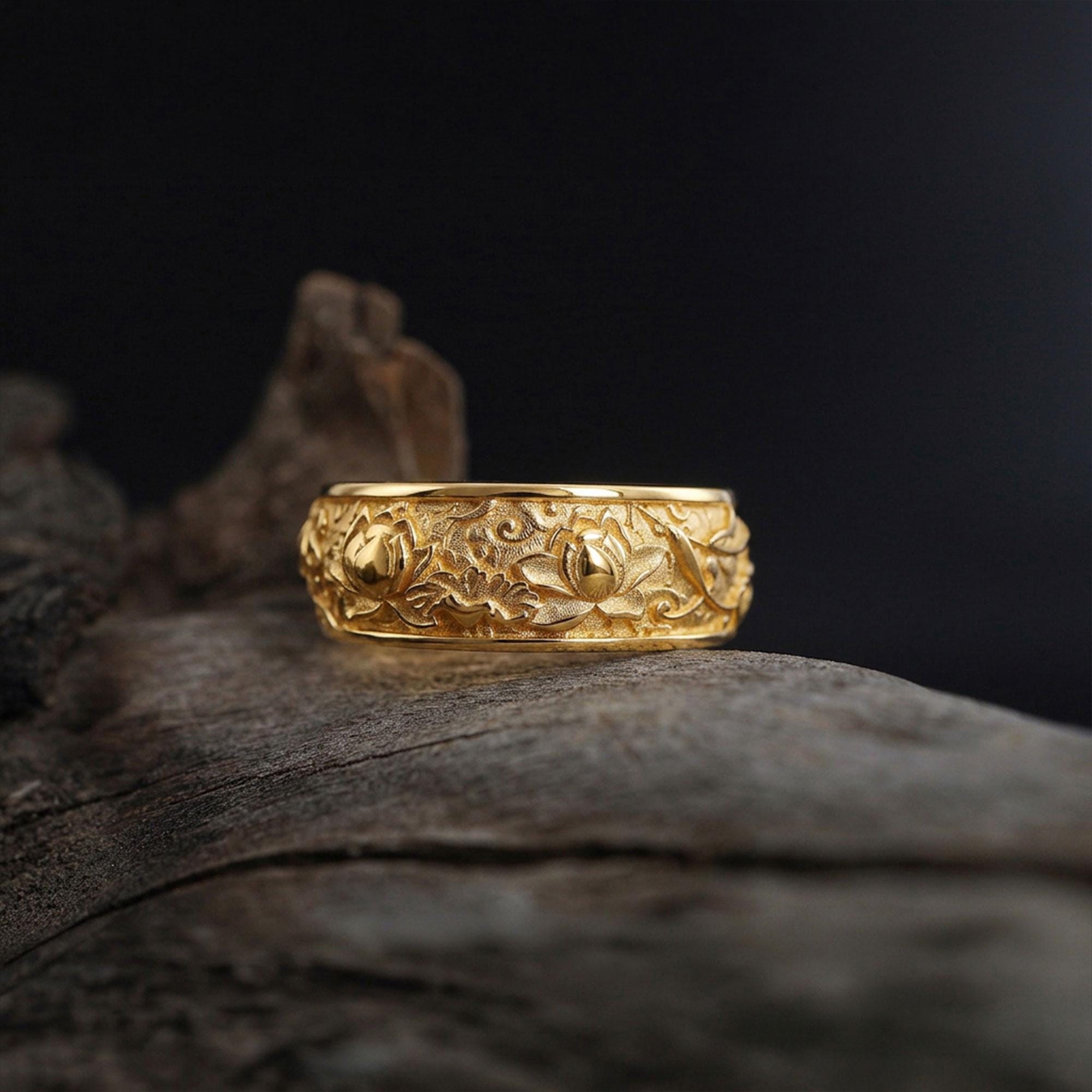 14K Solid Gold Lotus Ring: Japanese Floral Wedding Band, Engraved Blossom Jewelry