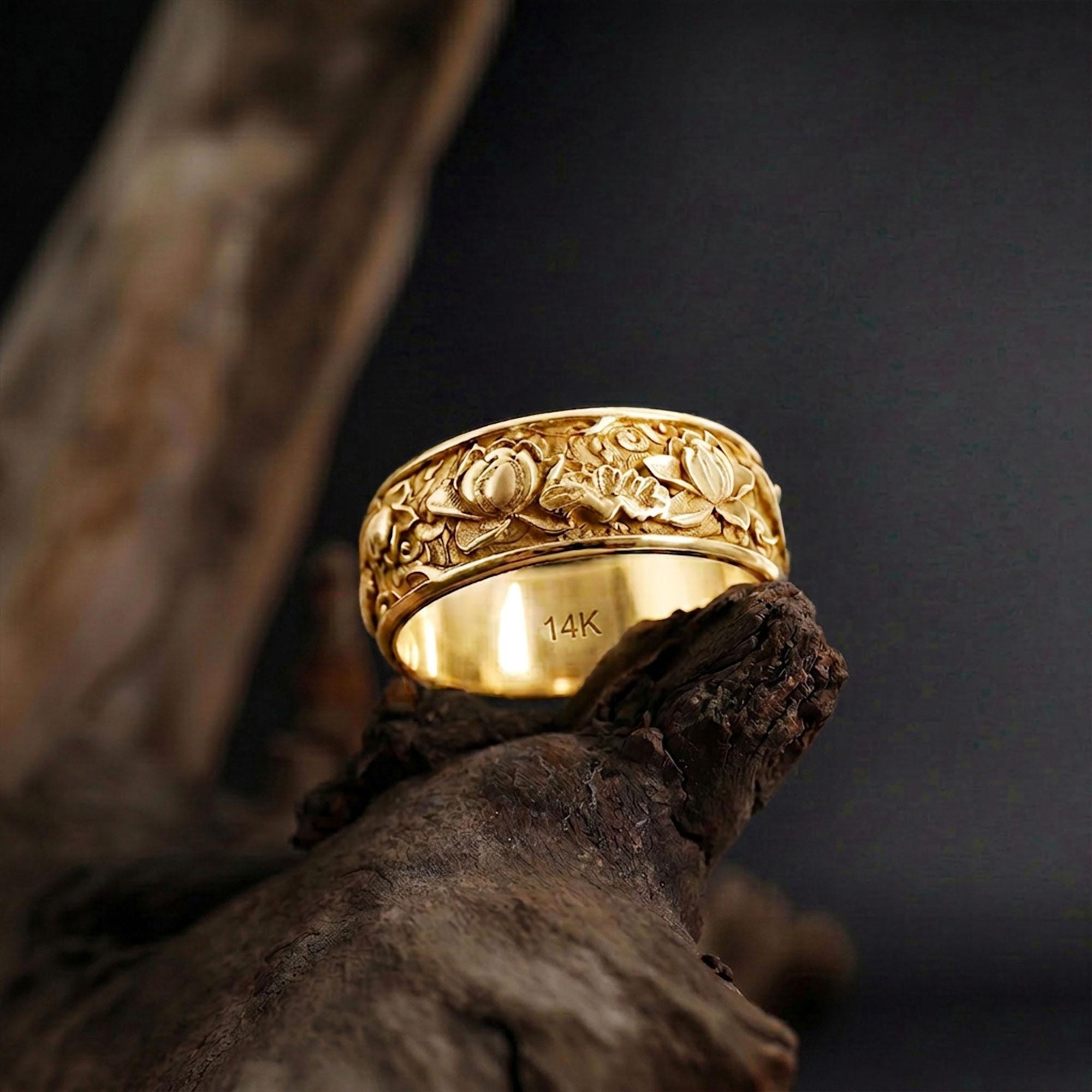 14K Solid Gold Lotus Ring: Japanese Floral Wedding Band, Engraved Blossom Jewelry