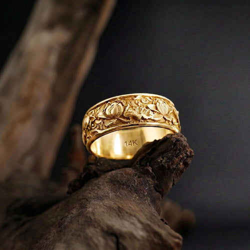 14K Solid Gold Lotus Ring: Japanese Floral Wedding Band, Engraved Blossom Jewelry