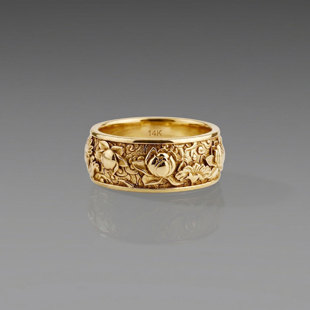 14K Solid Gold Lotus Ring: Japanese Floral Wedding Band, Engraved Blossom Jewelry
