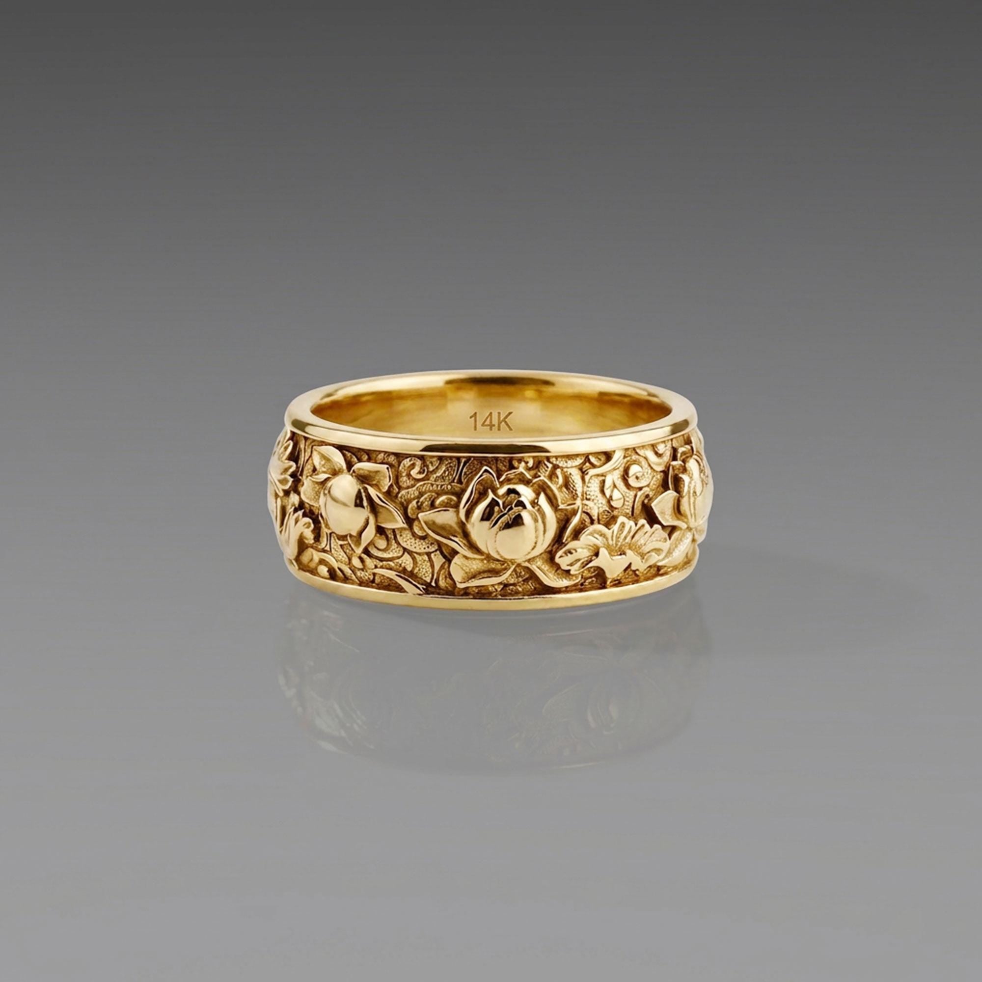 14K Solid Gold Lotus Ring: Japanese Floral Wedding Band, Engraved Blossom Jewelry