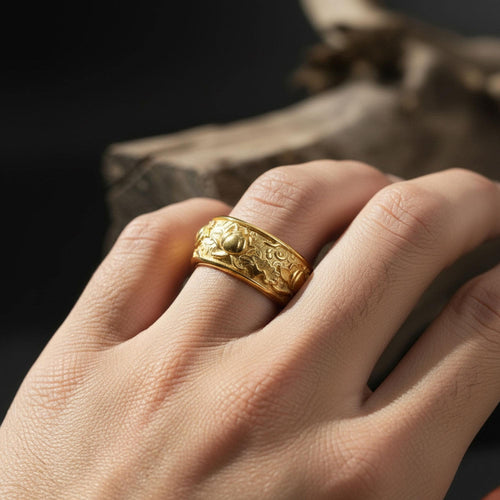 14K Solid Gold Lotus Ring: Japanese Floral Wedding Band, Engraved Blossom Jewelry