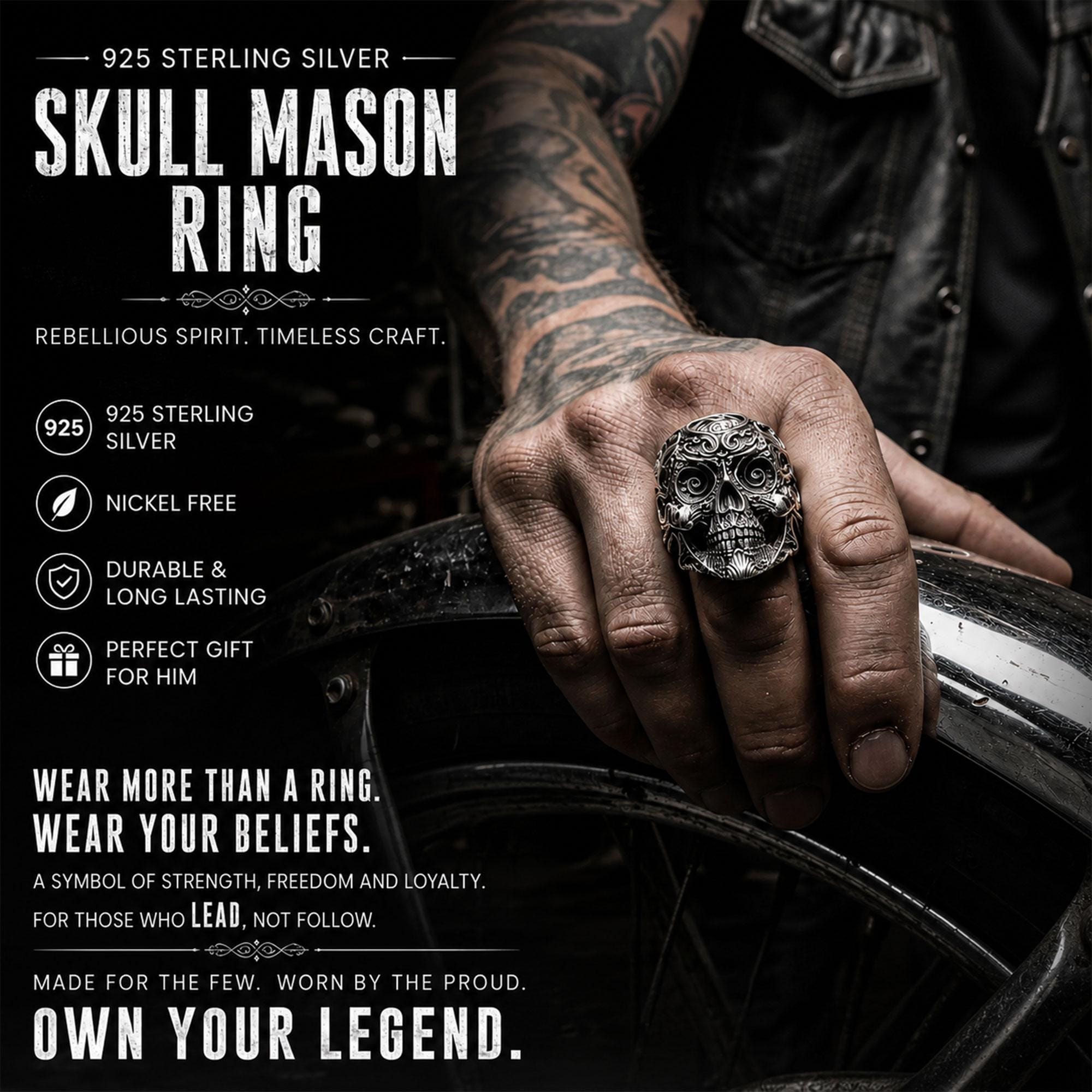 925K Sterling Silver Skull Ring: Baroque Engraved Gothic Biker Jewelry for Men