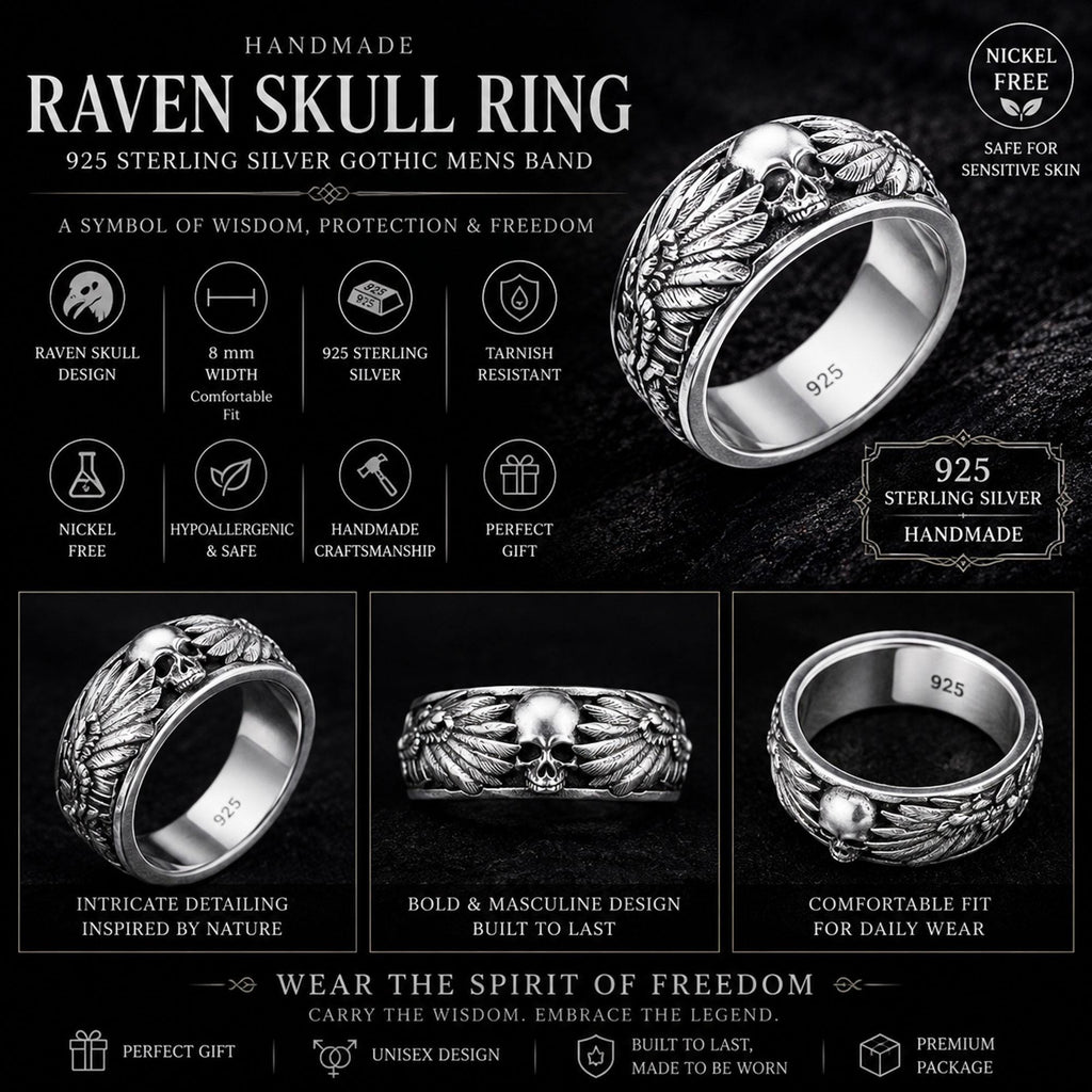 Handmade Raven Skull Ring: 925 Sterling Silver Gothic Mens Band, Viking Style Jewelry