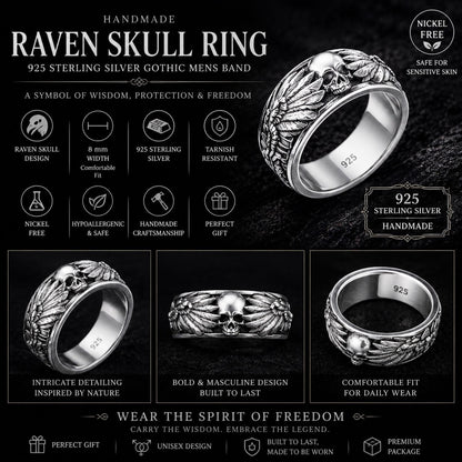 Handmade Raven Skull Ring: 925 Sterling Silver Gothic Mens Band, Viking Style Jewelry