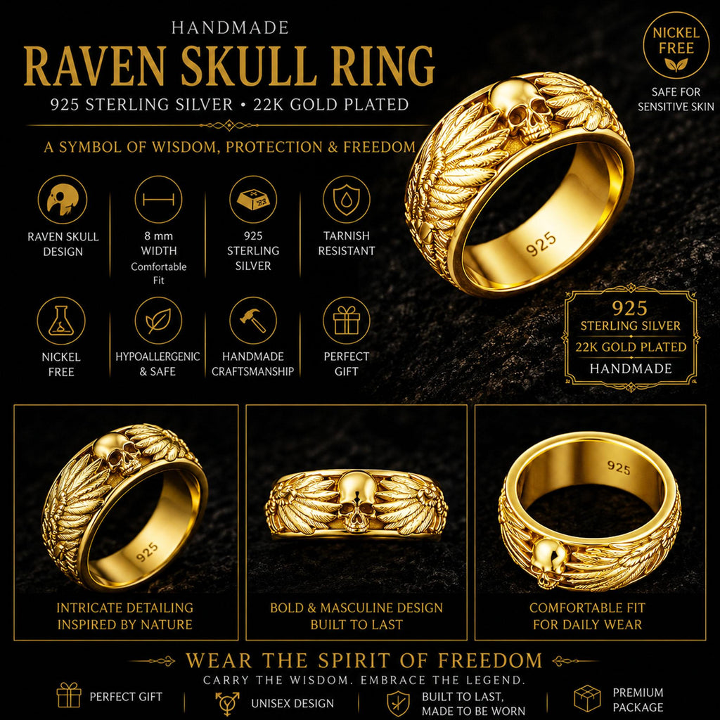 Handmade Raven Skull Ring: 925 Sterling Silver Gothic Mens Band, Viking Style Jewelry